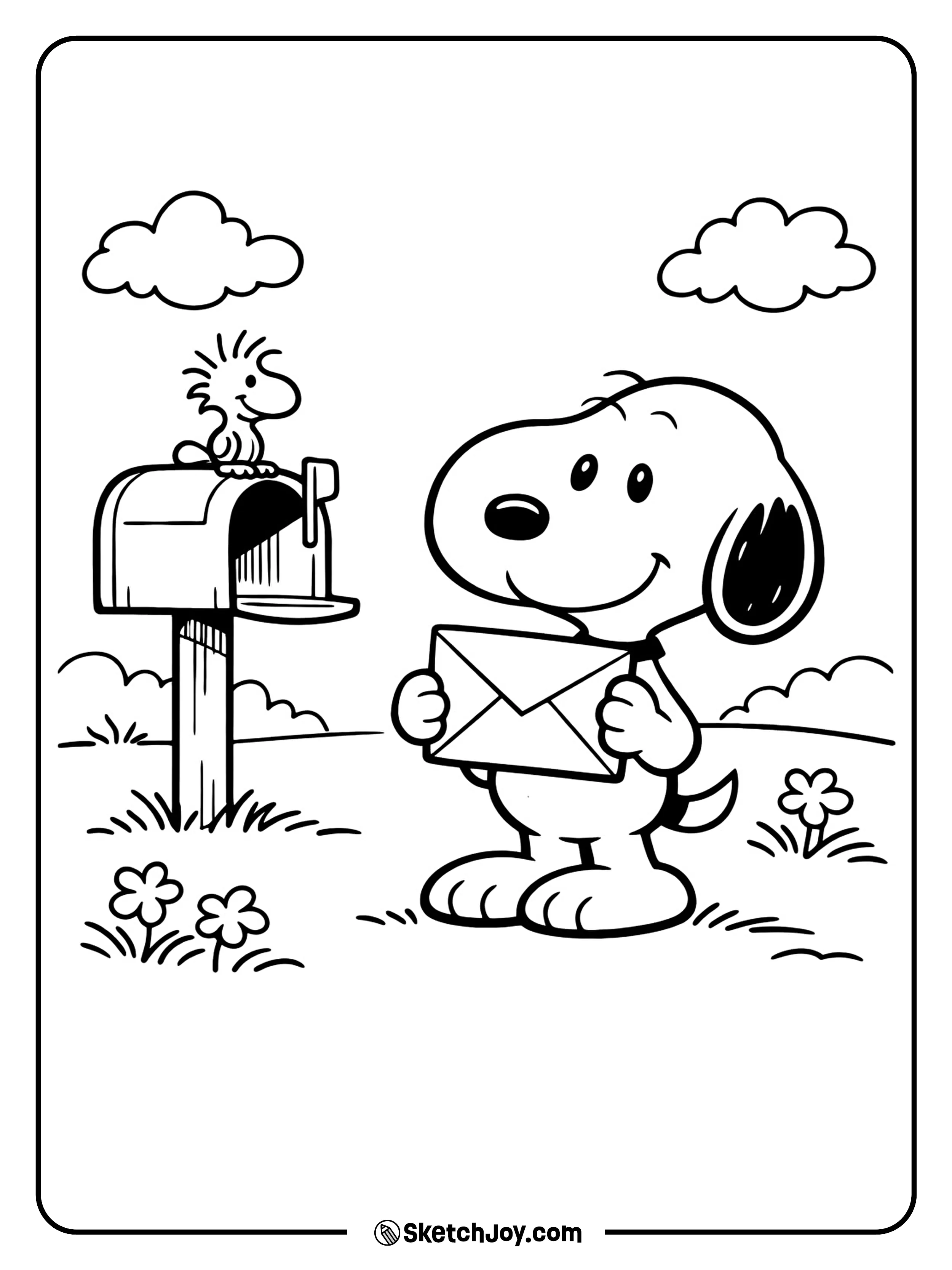 Snoopy holds a letter and looks excited for good news.