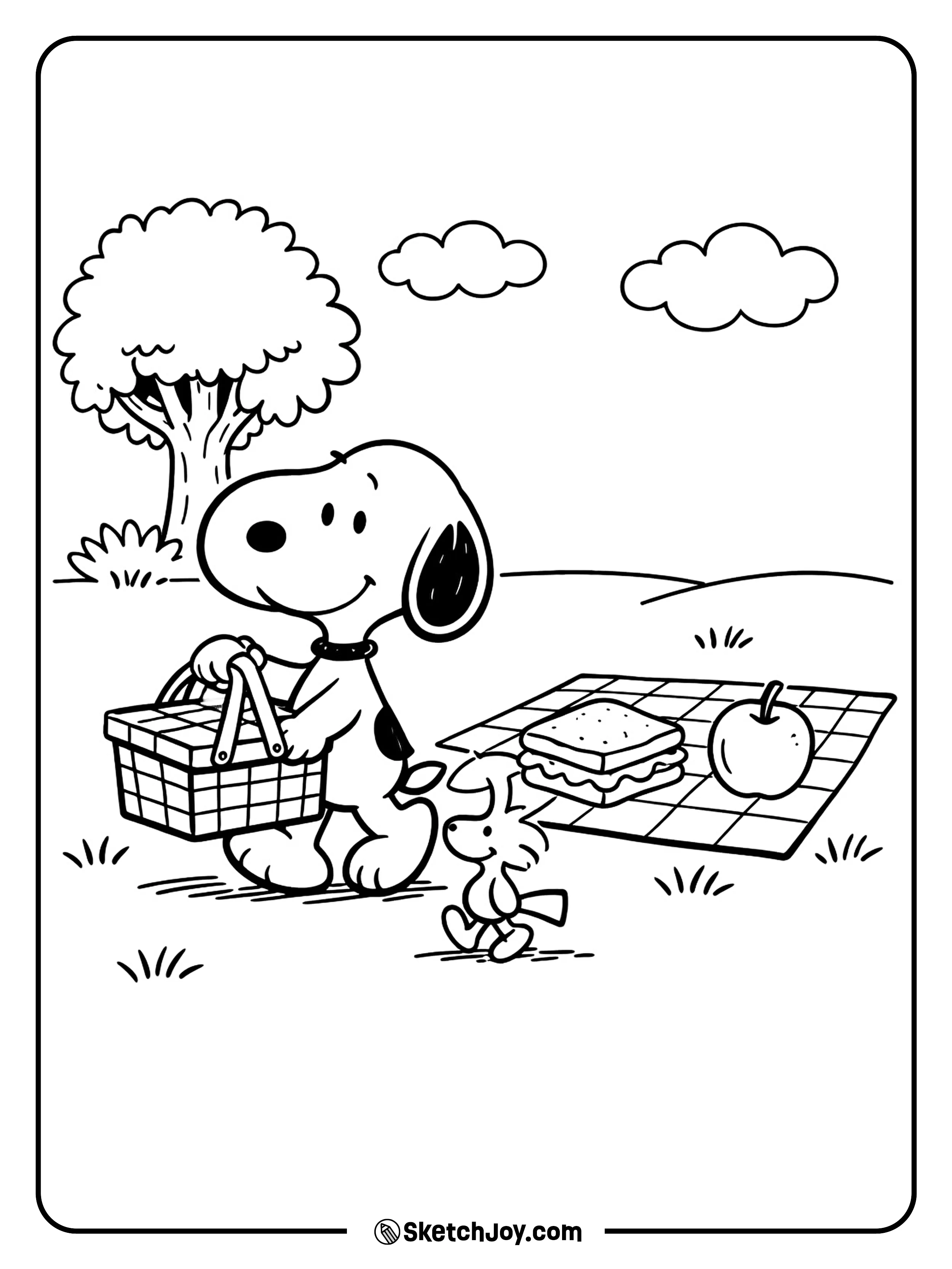 Snoopy gets ready for a picnic with Woodstock by his side.