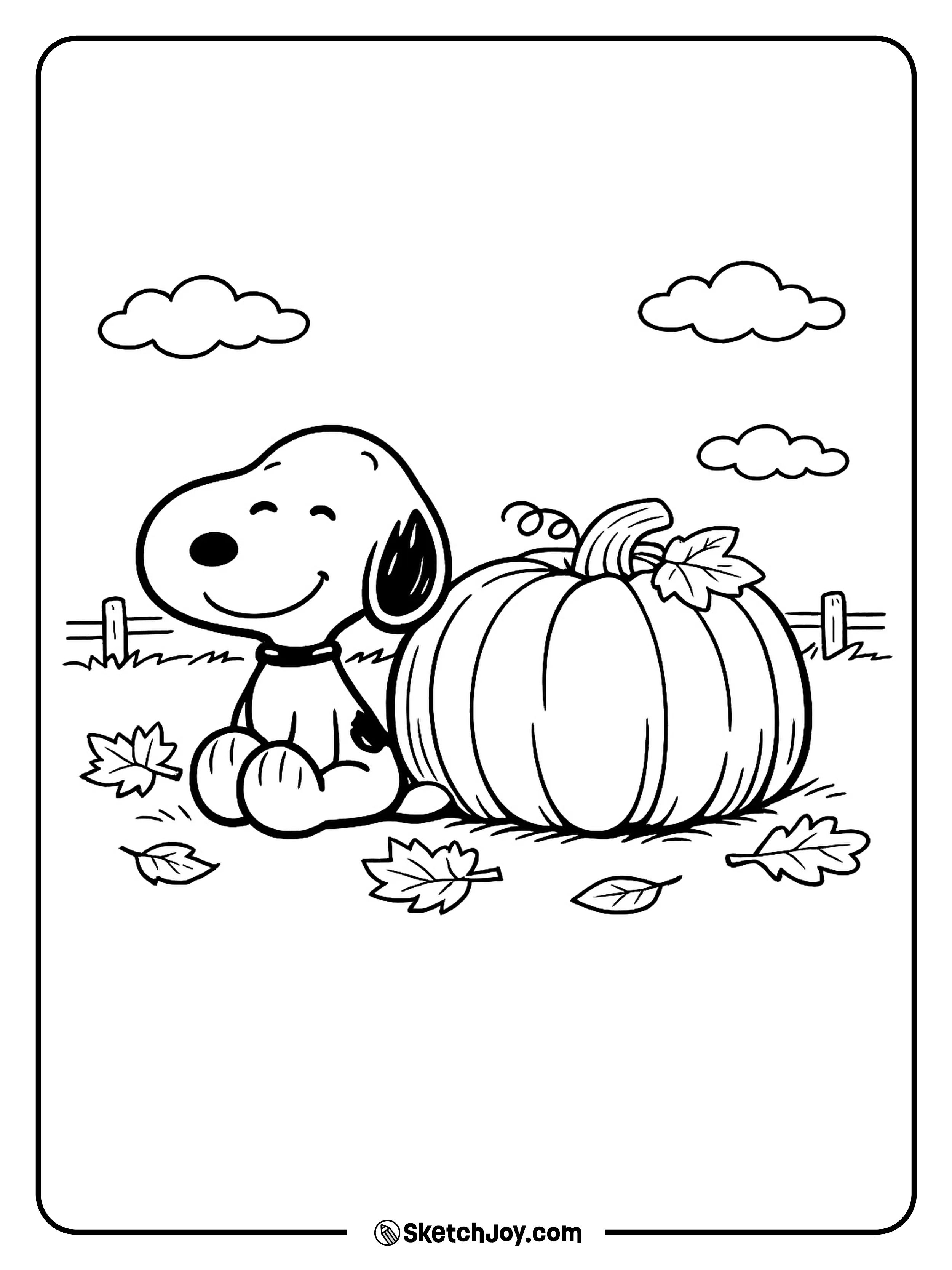 Snoopy sits by a pumpkin in a cute fall scene.
