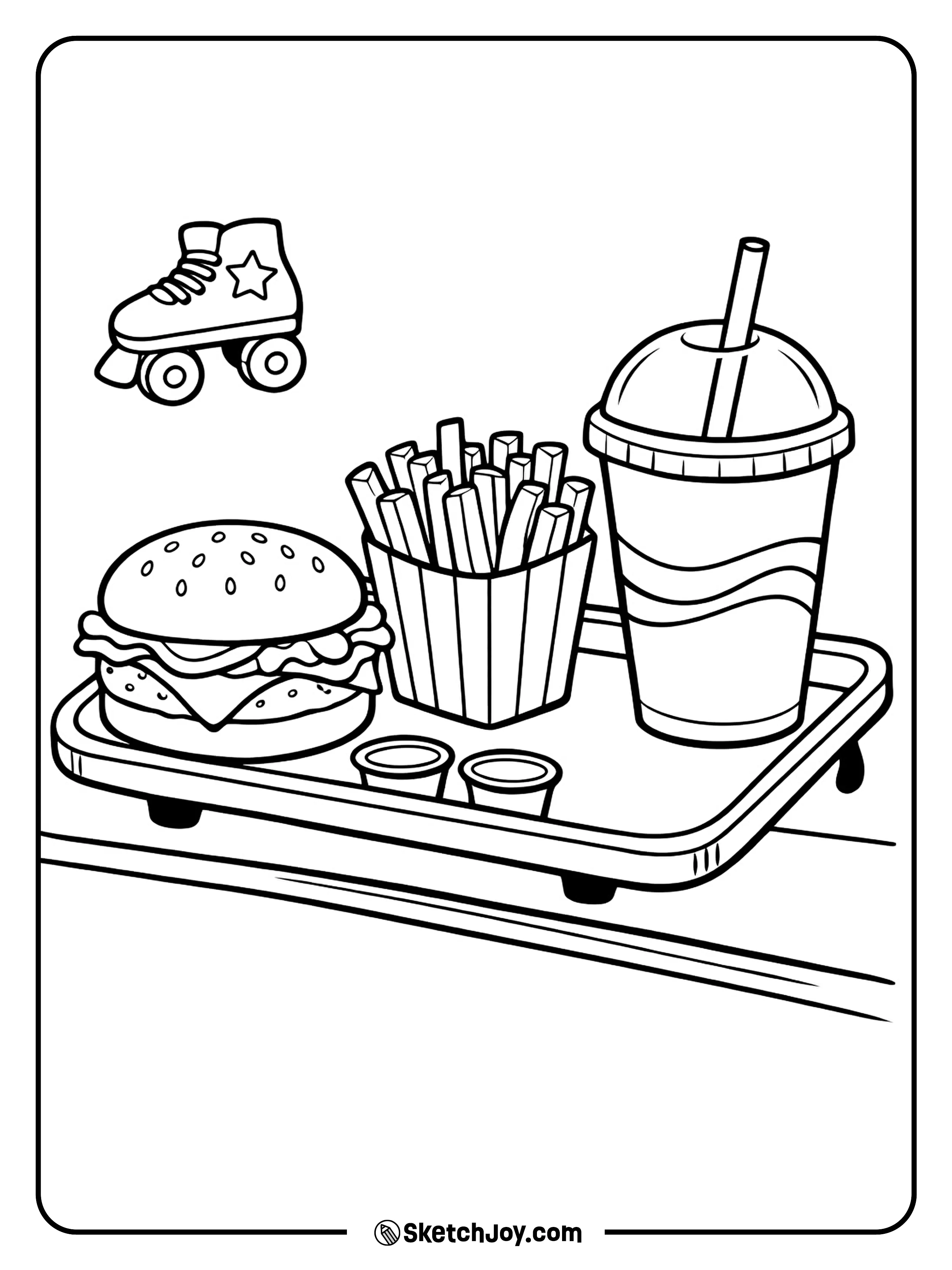 A drive-in burger meal is served on a tray with fun retro details.