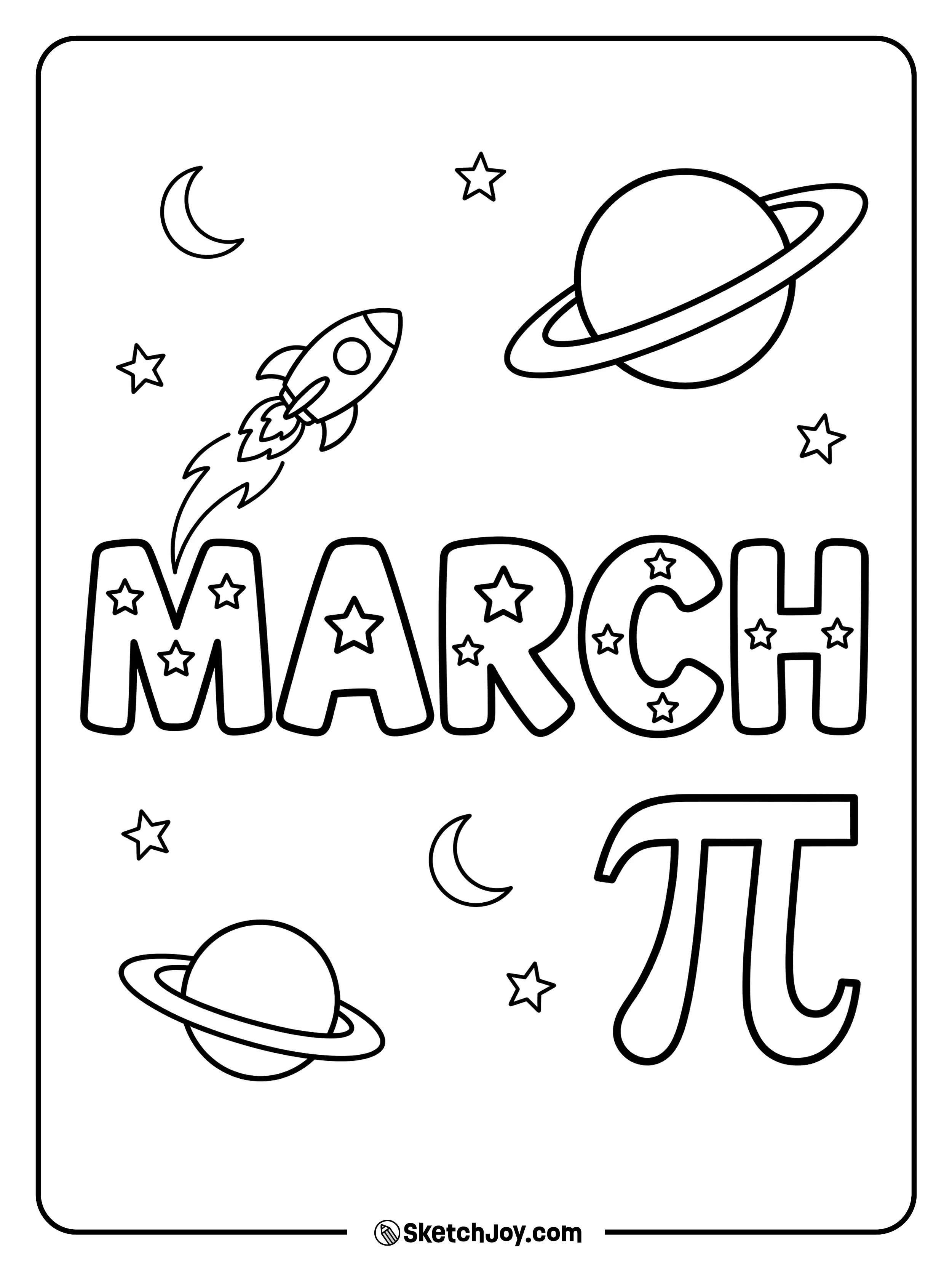 MARCH mixes space and Pi Day with planets, a rocket, and a π symbol.