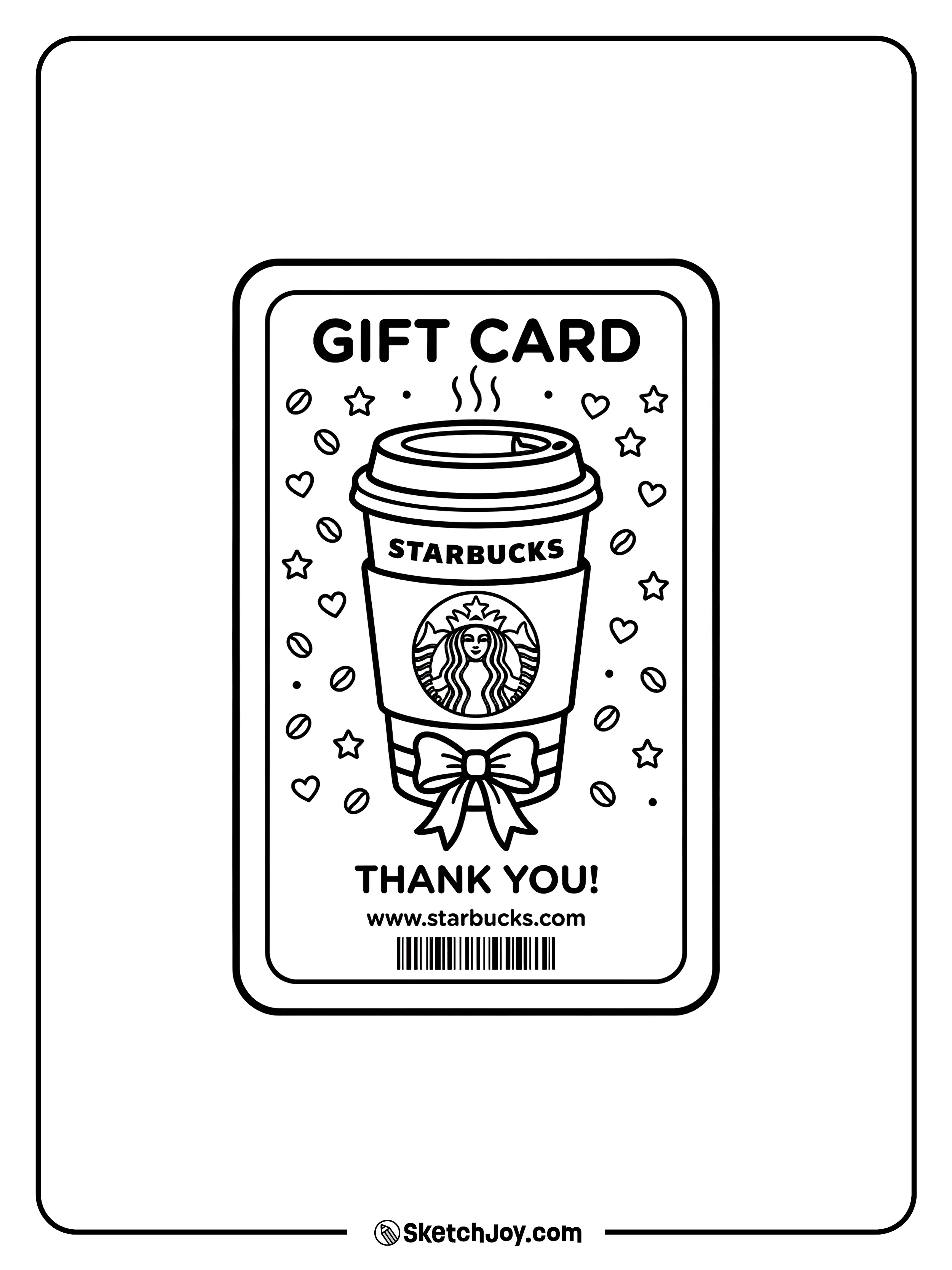 A plastic gift card with a coffee cup design and a bow.