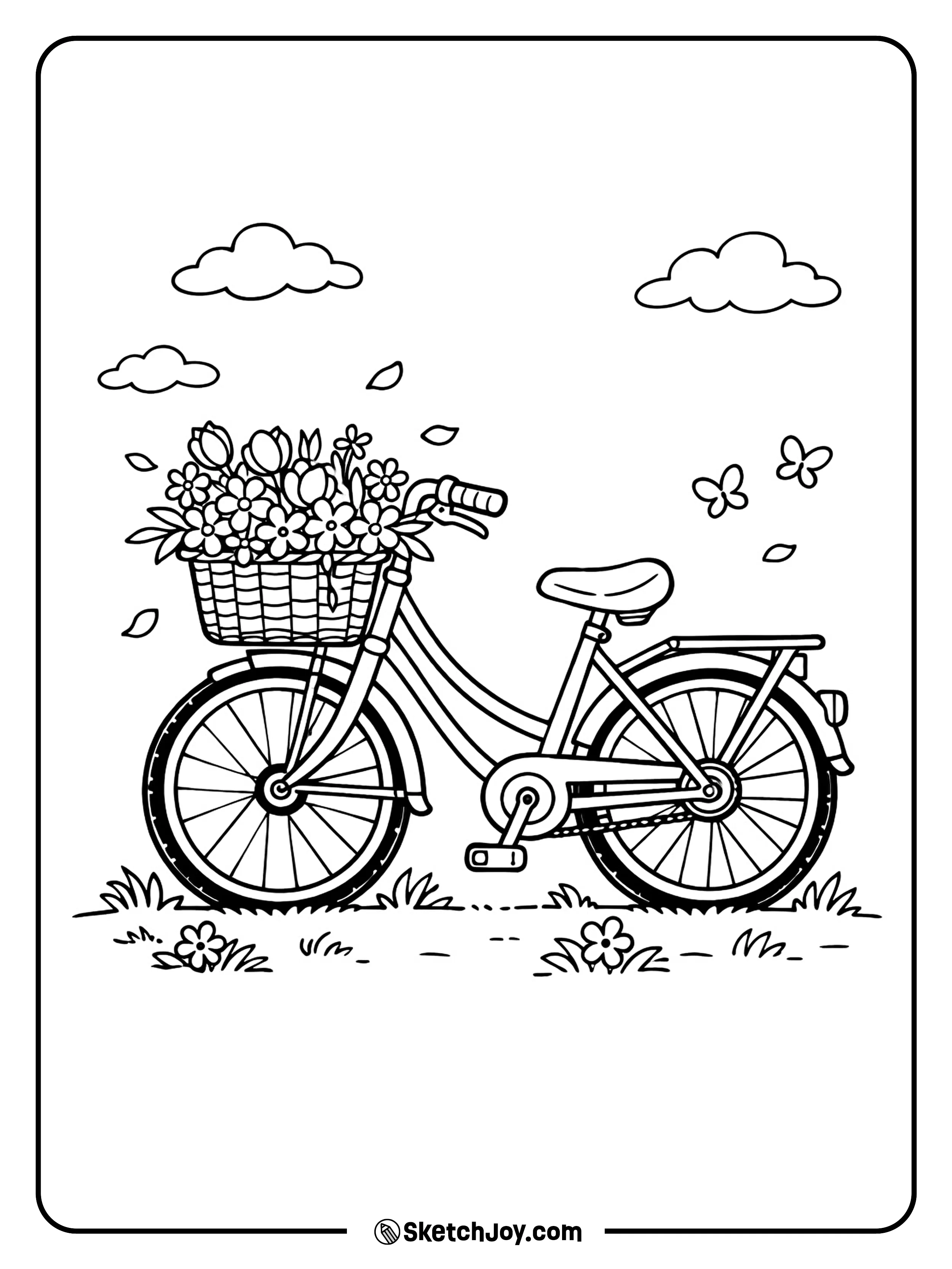 A bike carries a basket full of fresh flowers.