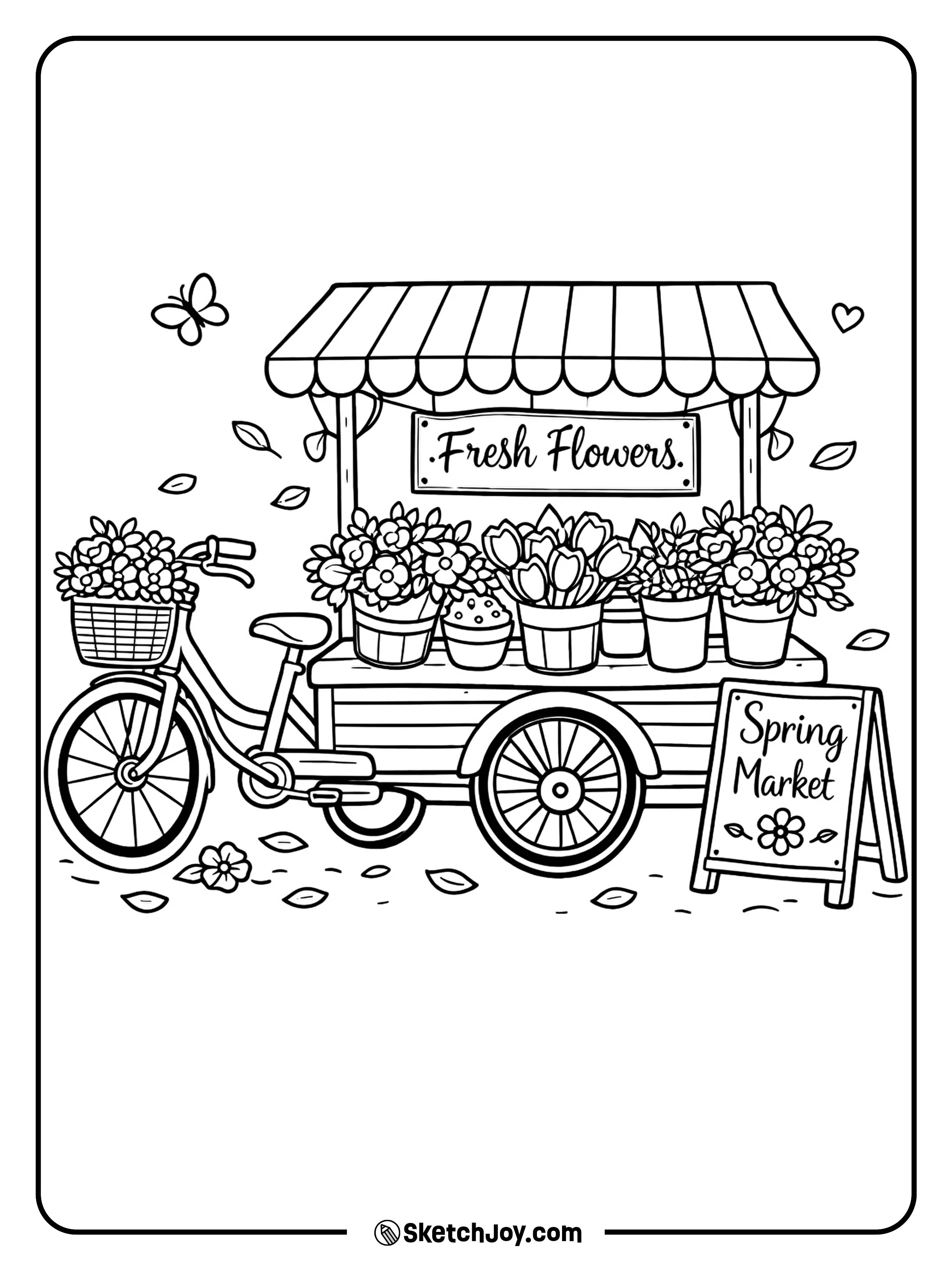 A flower cart and bike make a busy spring street scene.