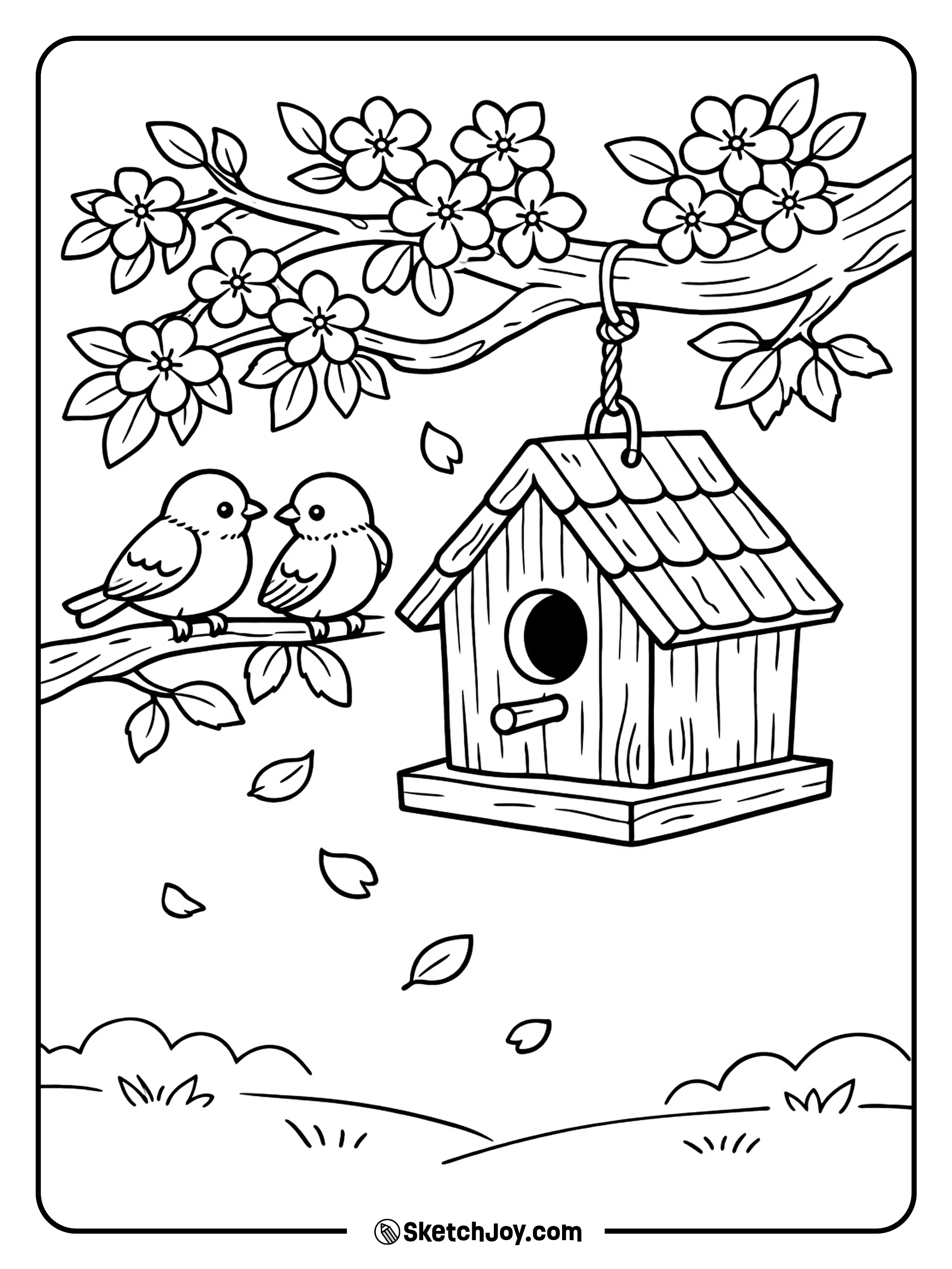 Birds sit by a birdhouse on a blooming branch.