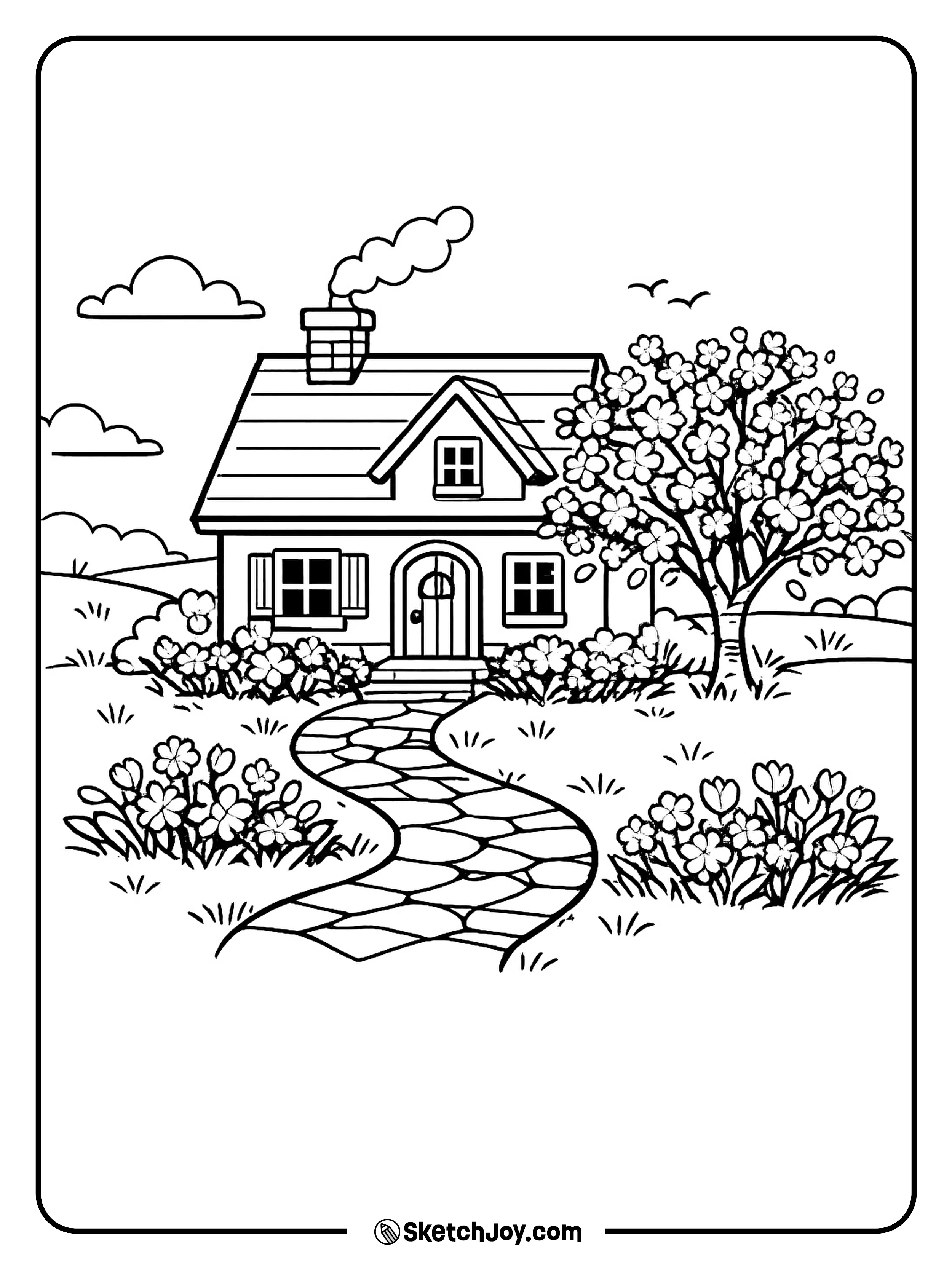 A small cottage sits behind flowers and blooming trees.