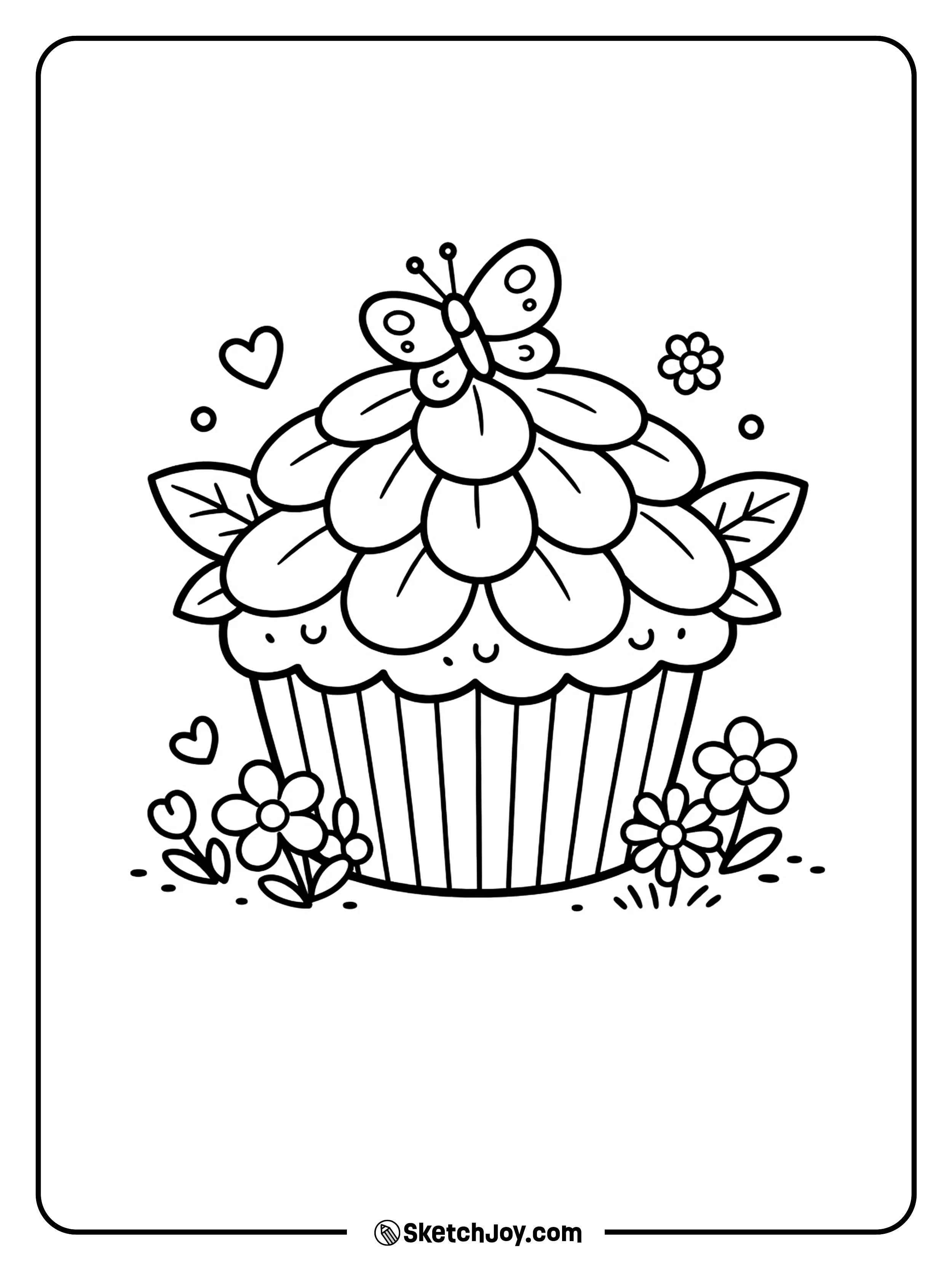 A cupcake is topped with flowers and a butterfly.