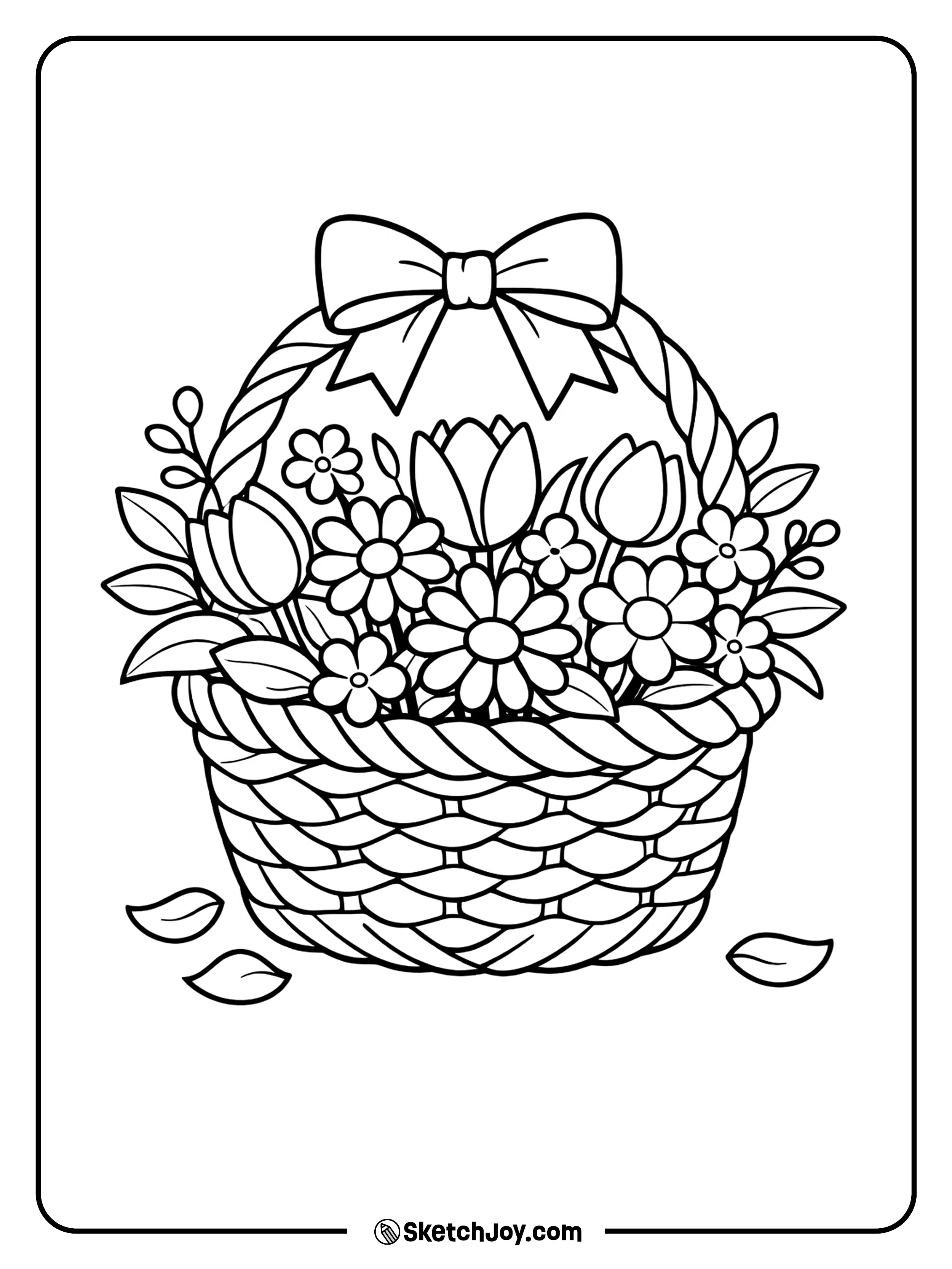A basket overflows with tulips, daisies, and leaves.