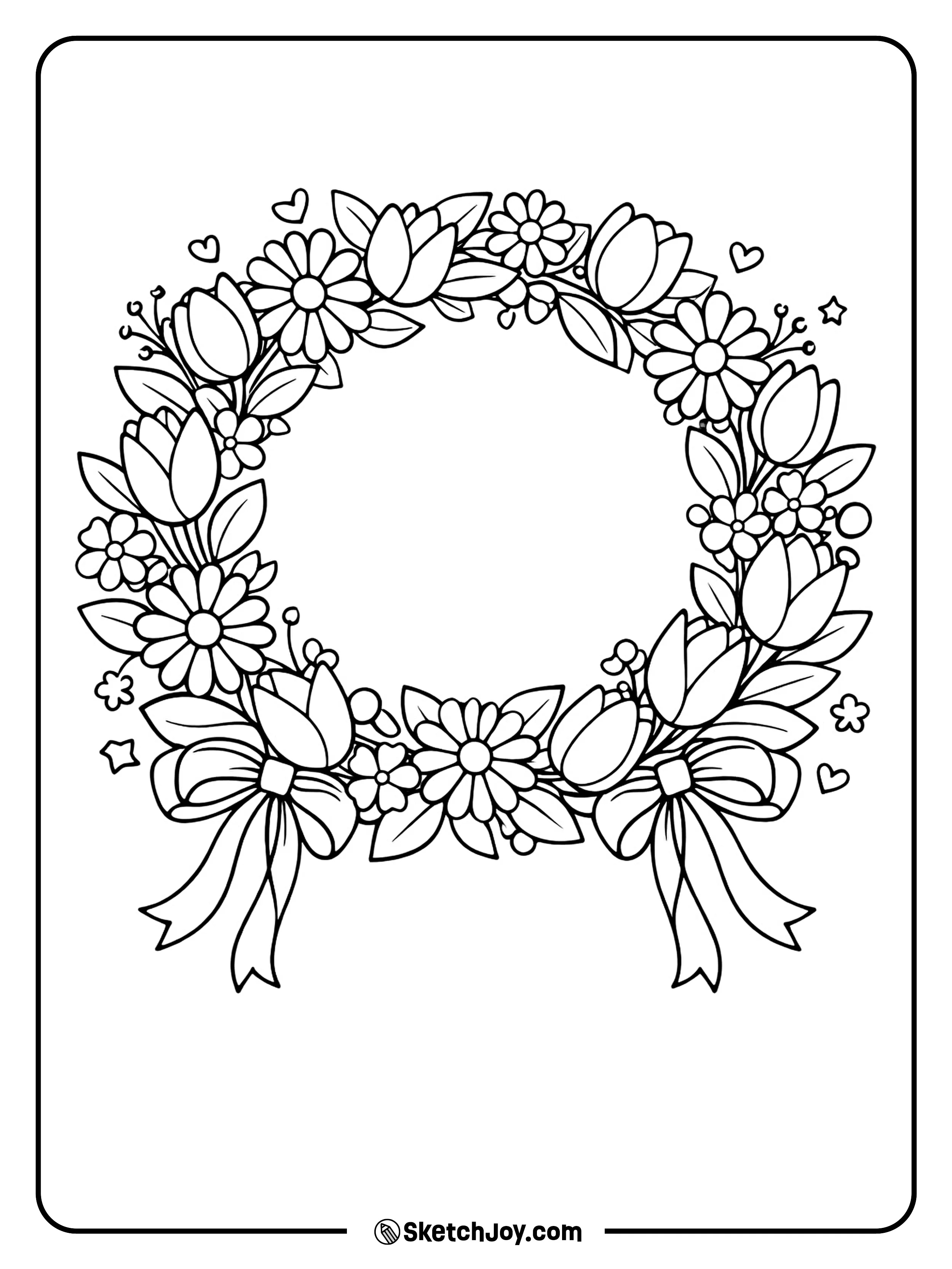 A flower crown is made with leaves, tulips, and daisies.