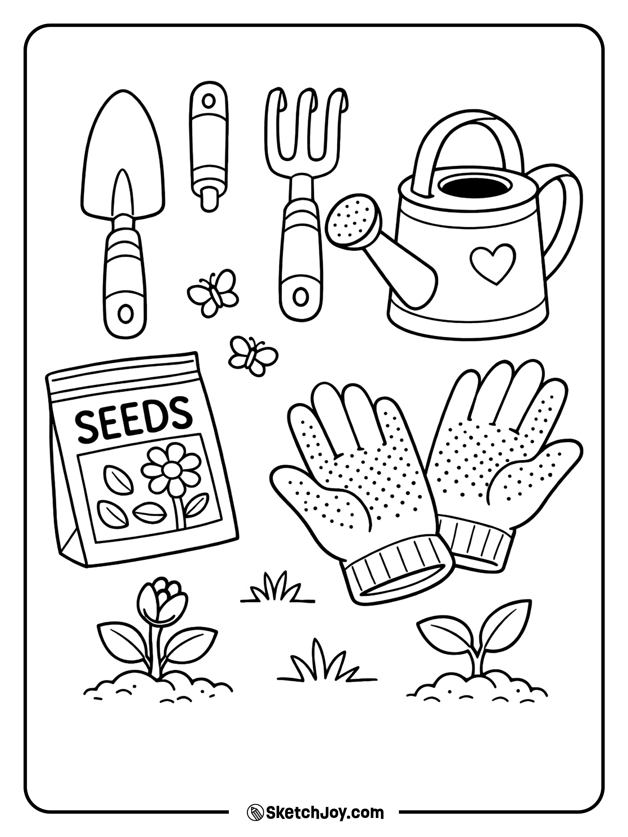 Tools, gloves, and seed packets are ready for spring.