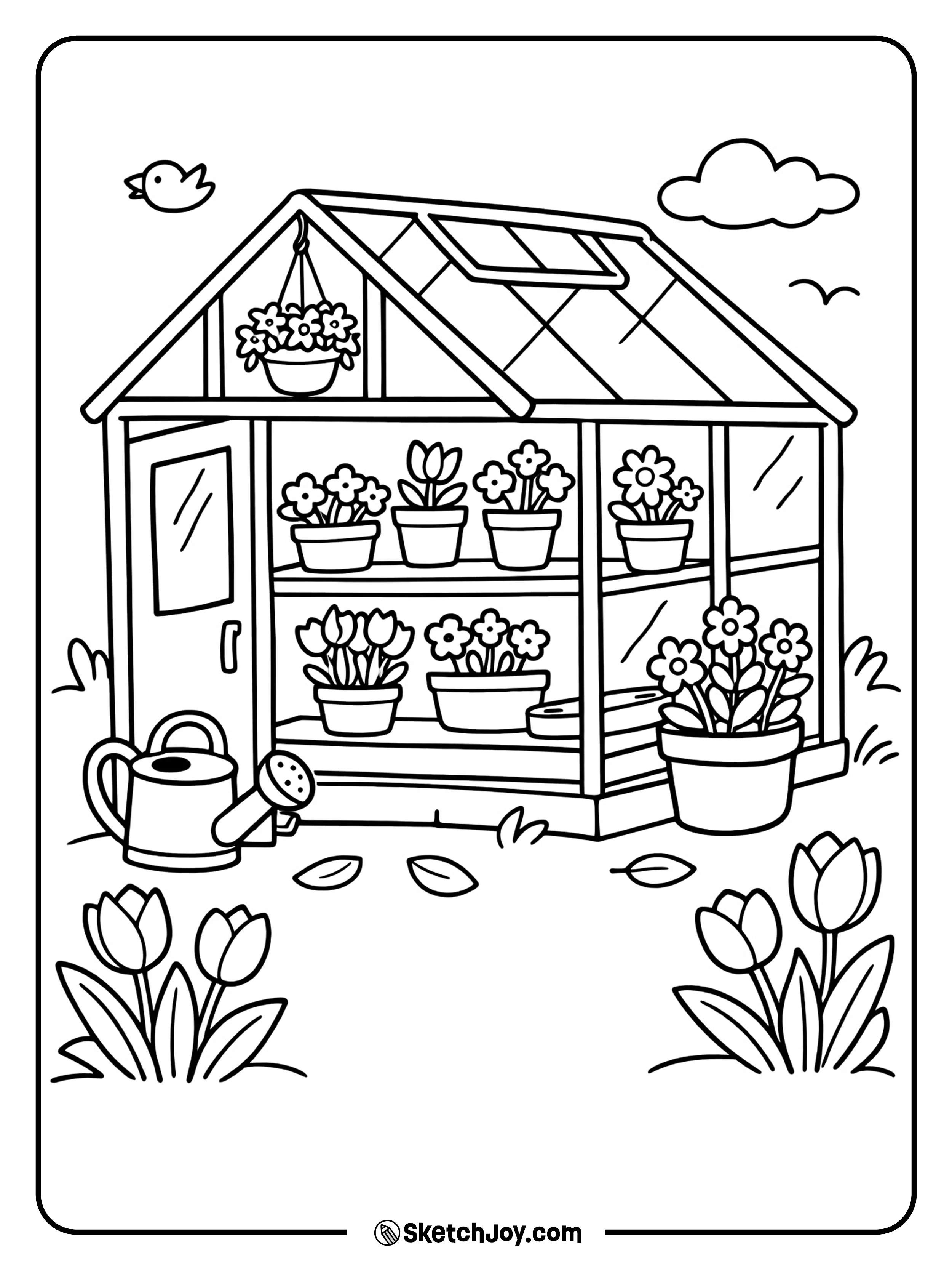 A small greenhouse is full of flowers and leaves.