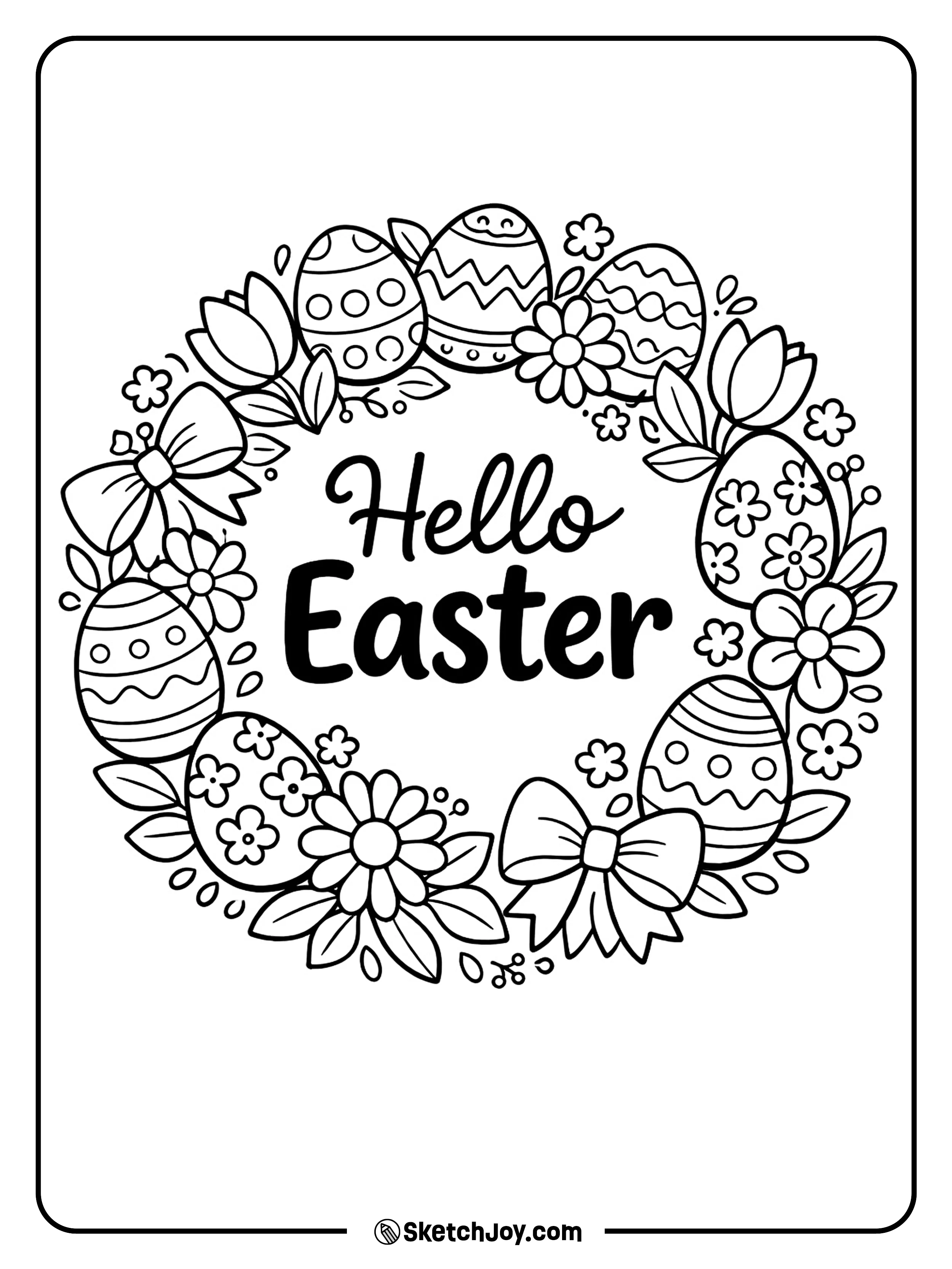 A round wreath is made of eggs, flowers, and leaves.