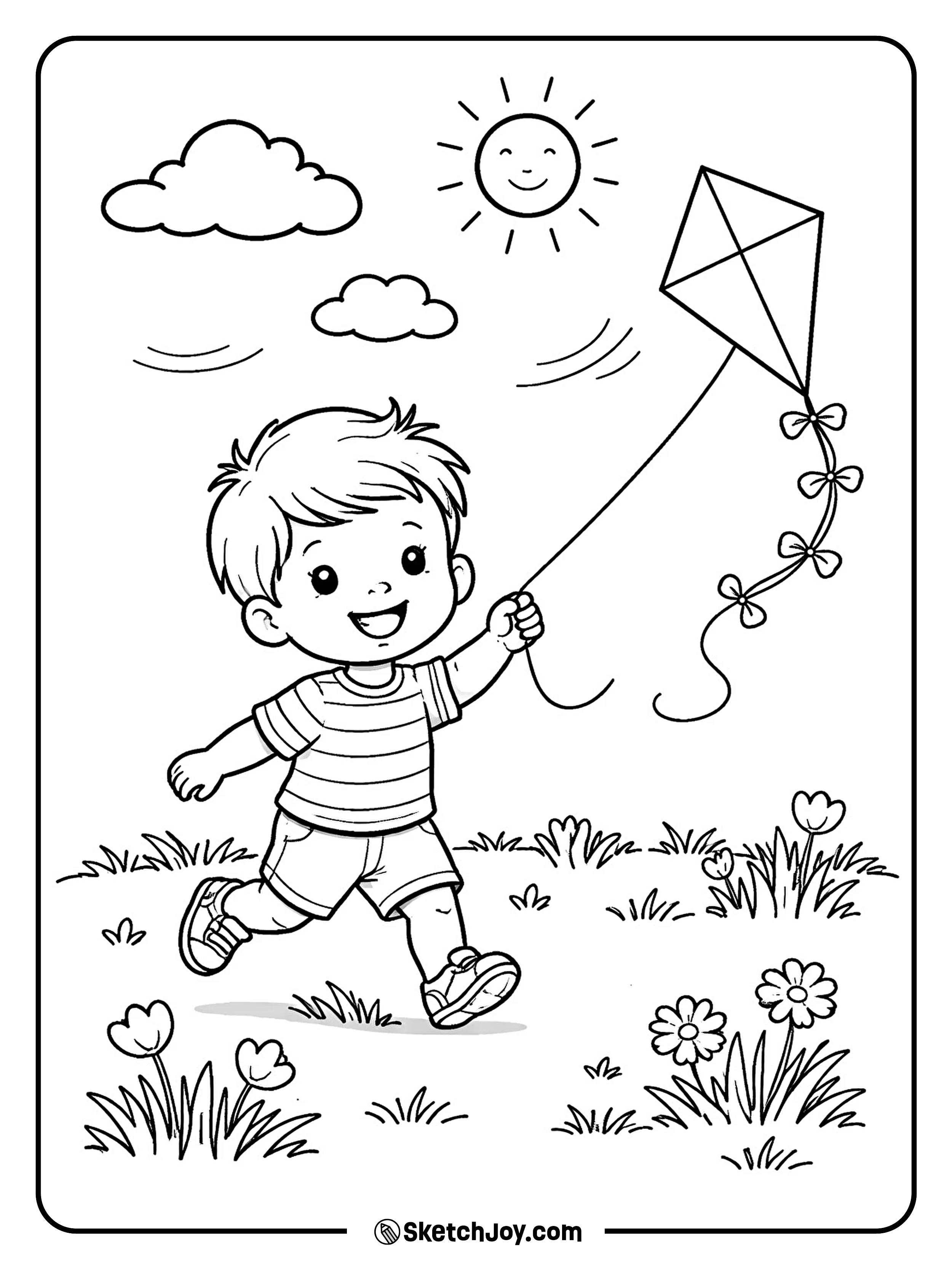 A child flies a kite on a breezy spring day.
