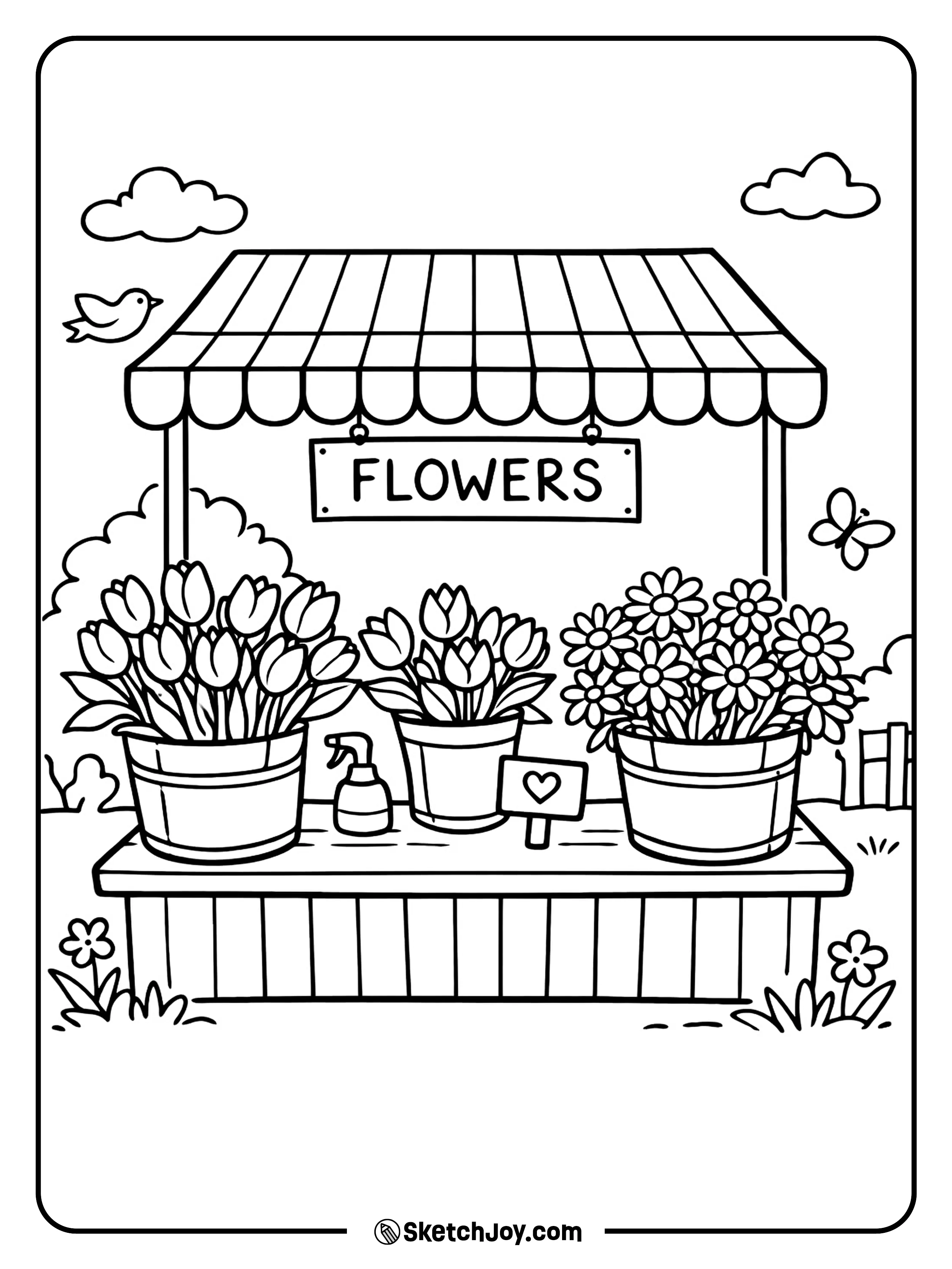 Buckets of flowers stand at a cute outdoor spring stand.