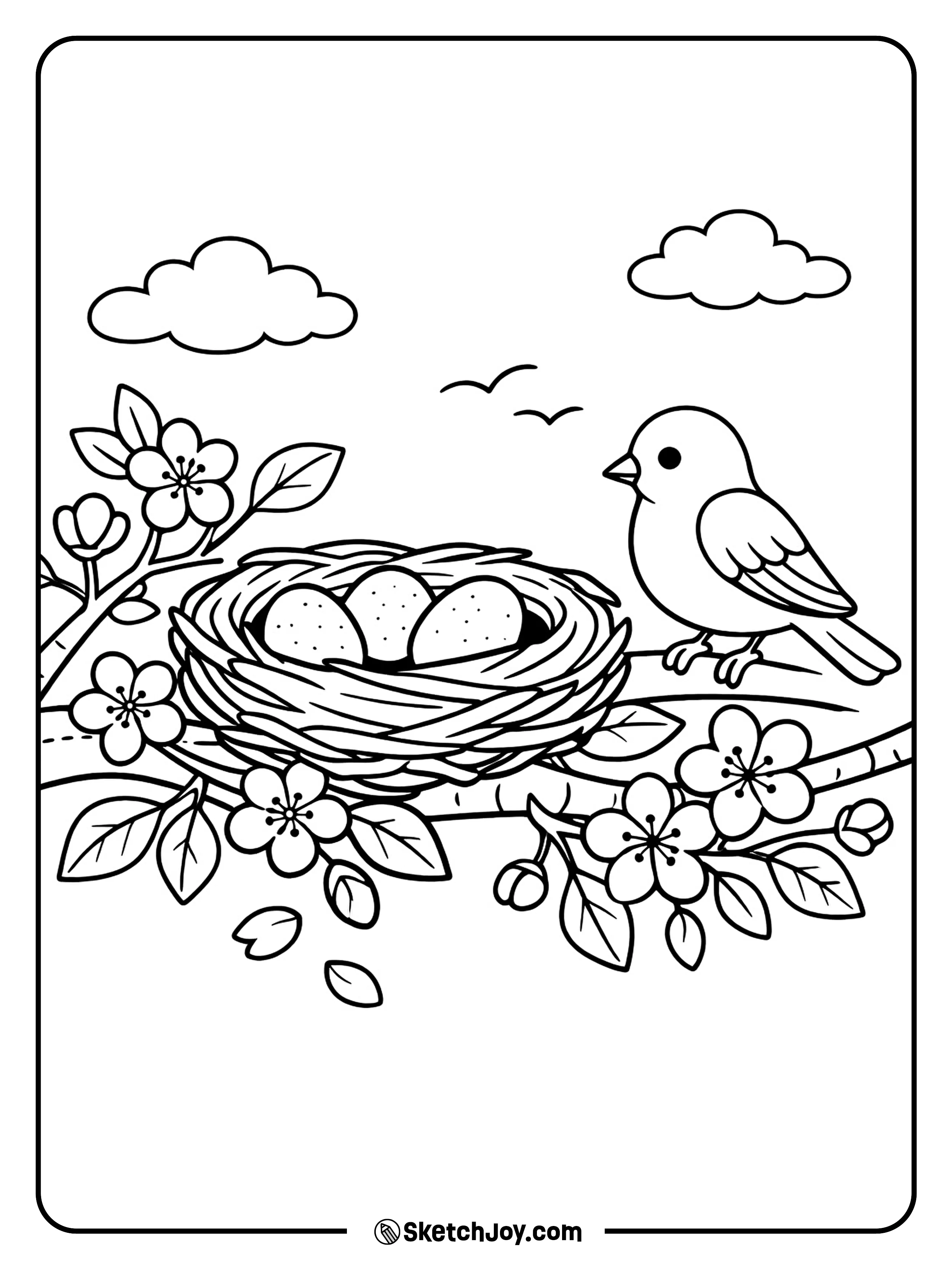 A bird nest holds eggs among blooming branches.