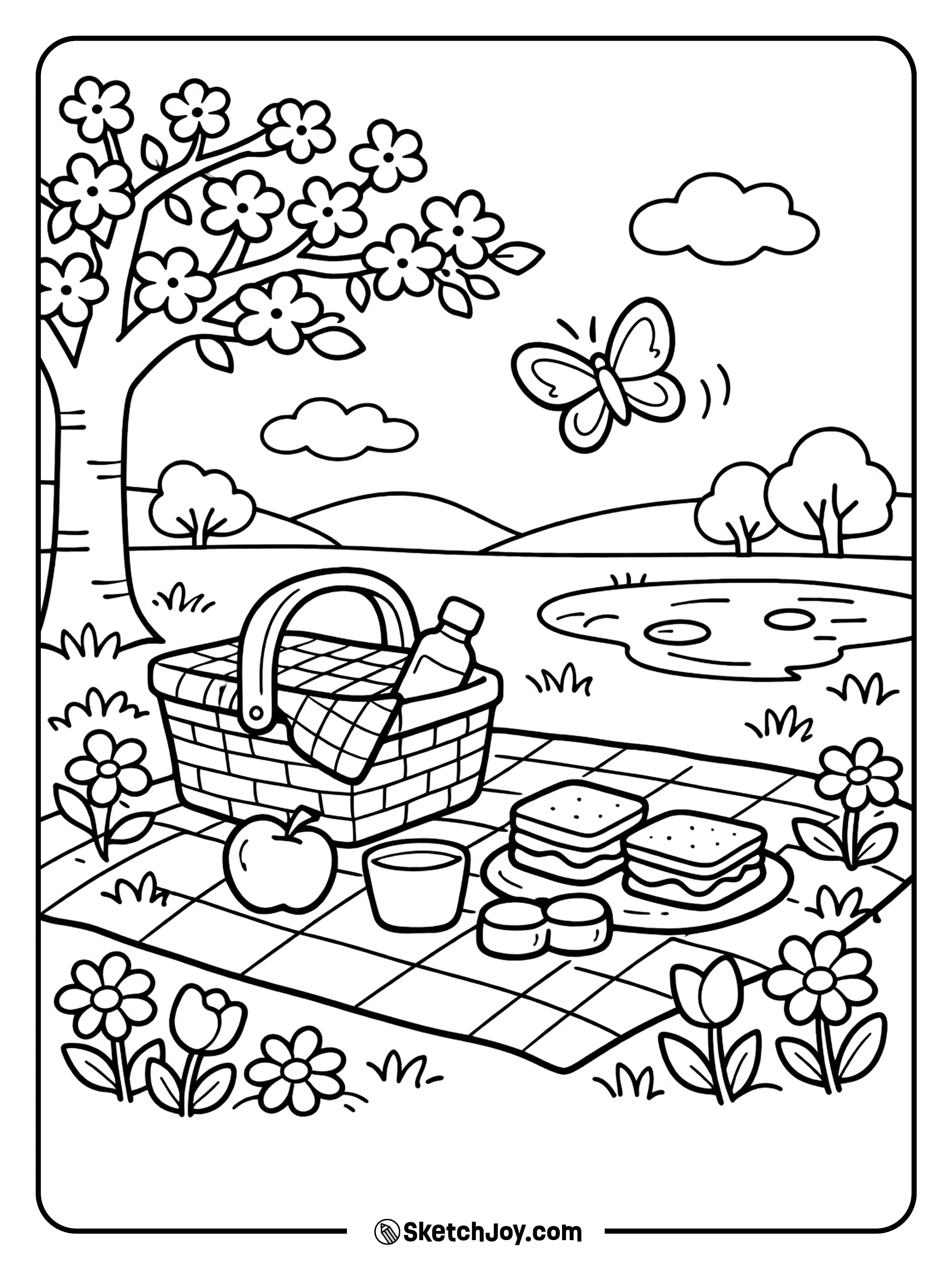 A picnic blanket sits in a blooming park.