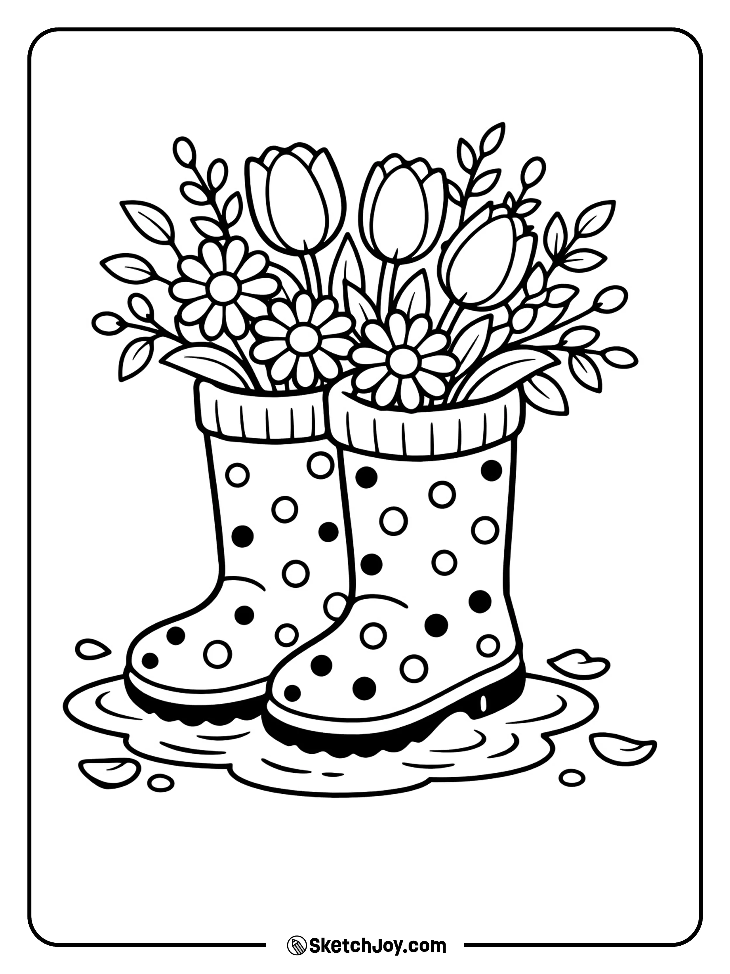 Rain boots are packed with bright spring blooms and leaves.