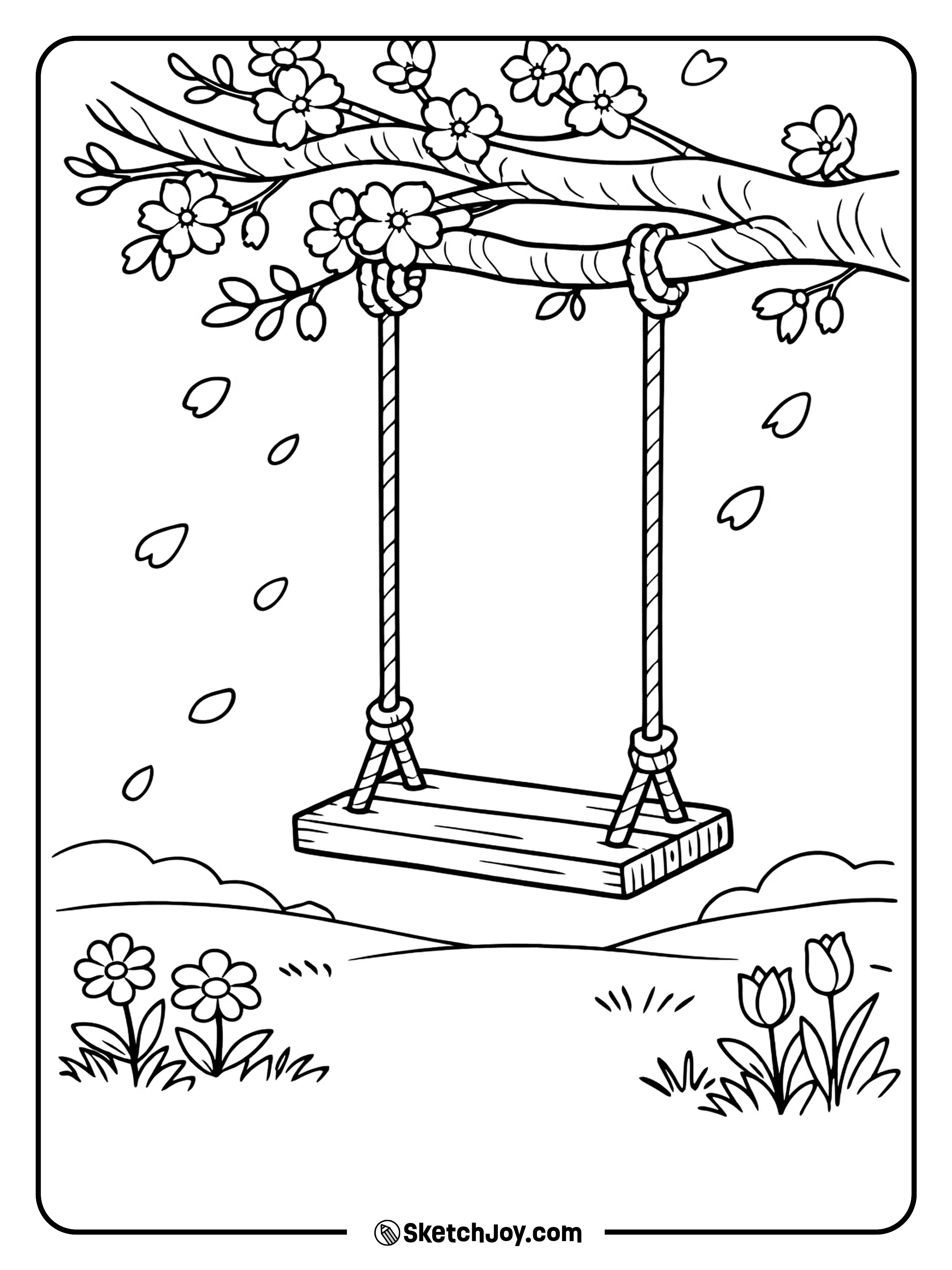 A tree swing hangs under blooming branches.