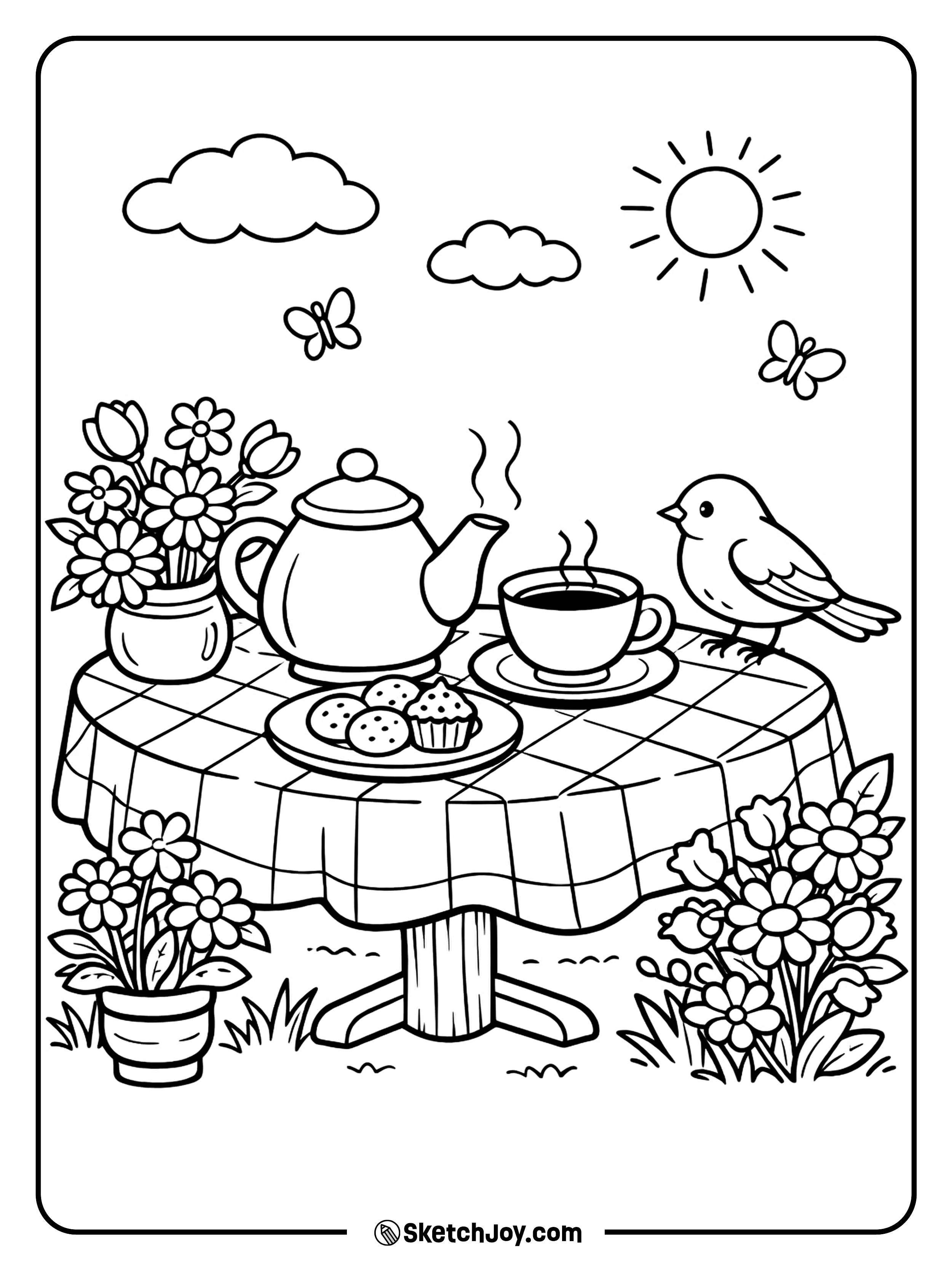 A tea set sits outside with flowers and a bird.