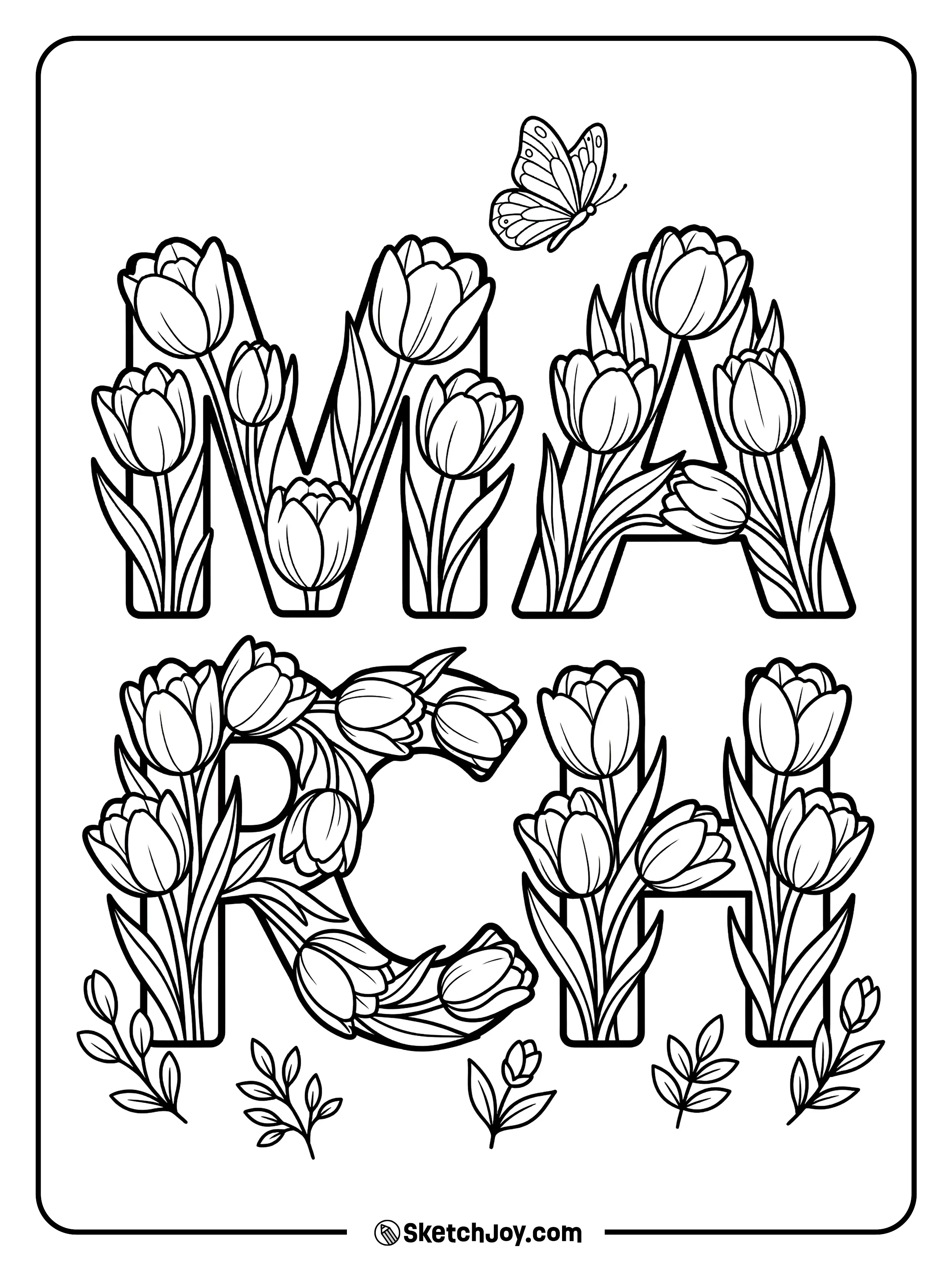 MARCH letters are made from tulips and stems, with a butterfly flying nearby.