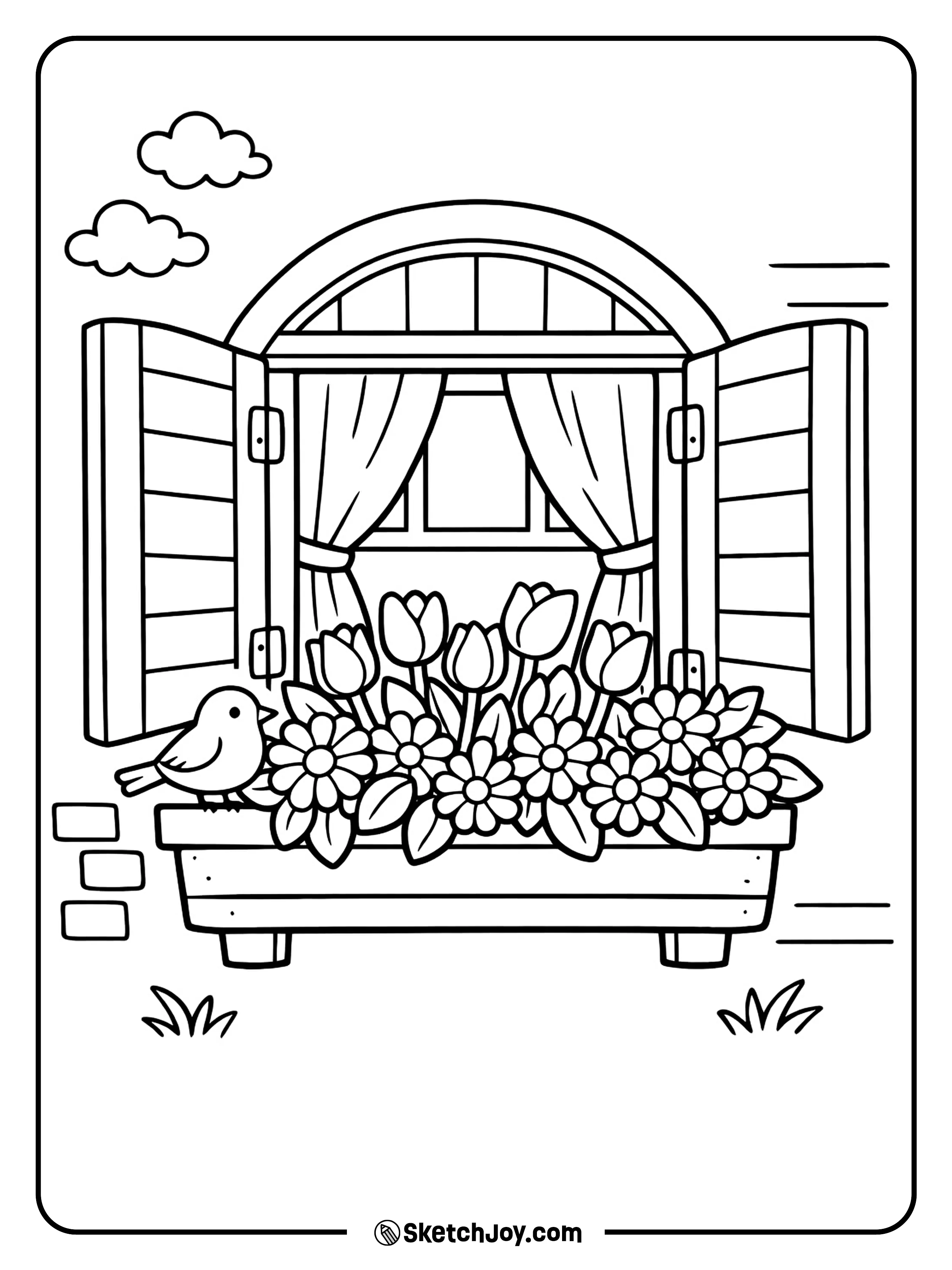 Flowers bloom from a sunny window in spring.