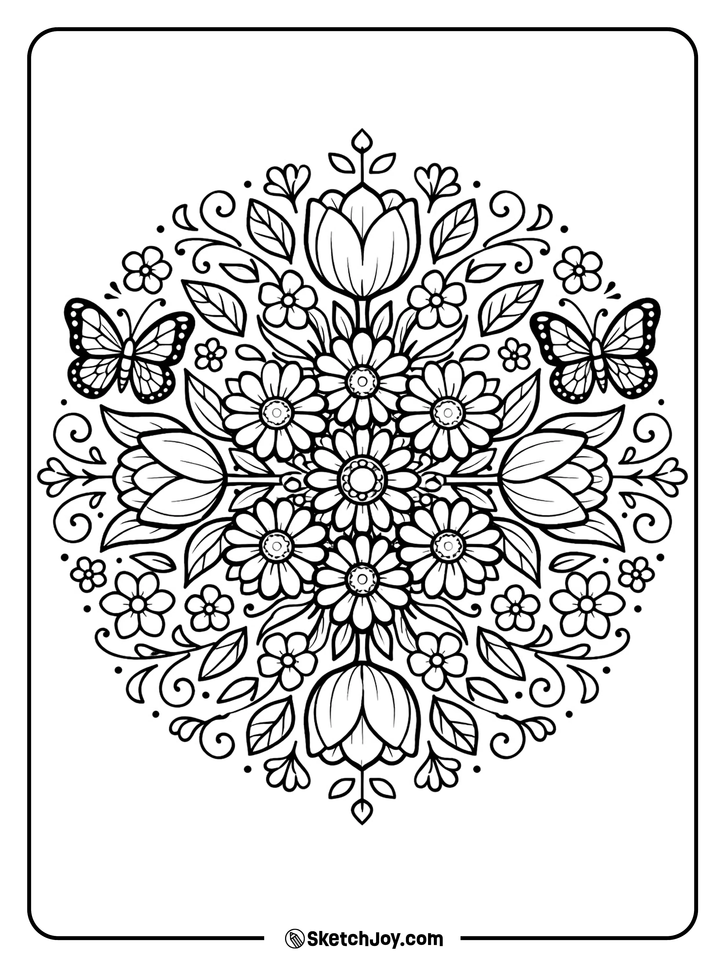 Flowers and leaves make a rich spring circle design.