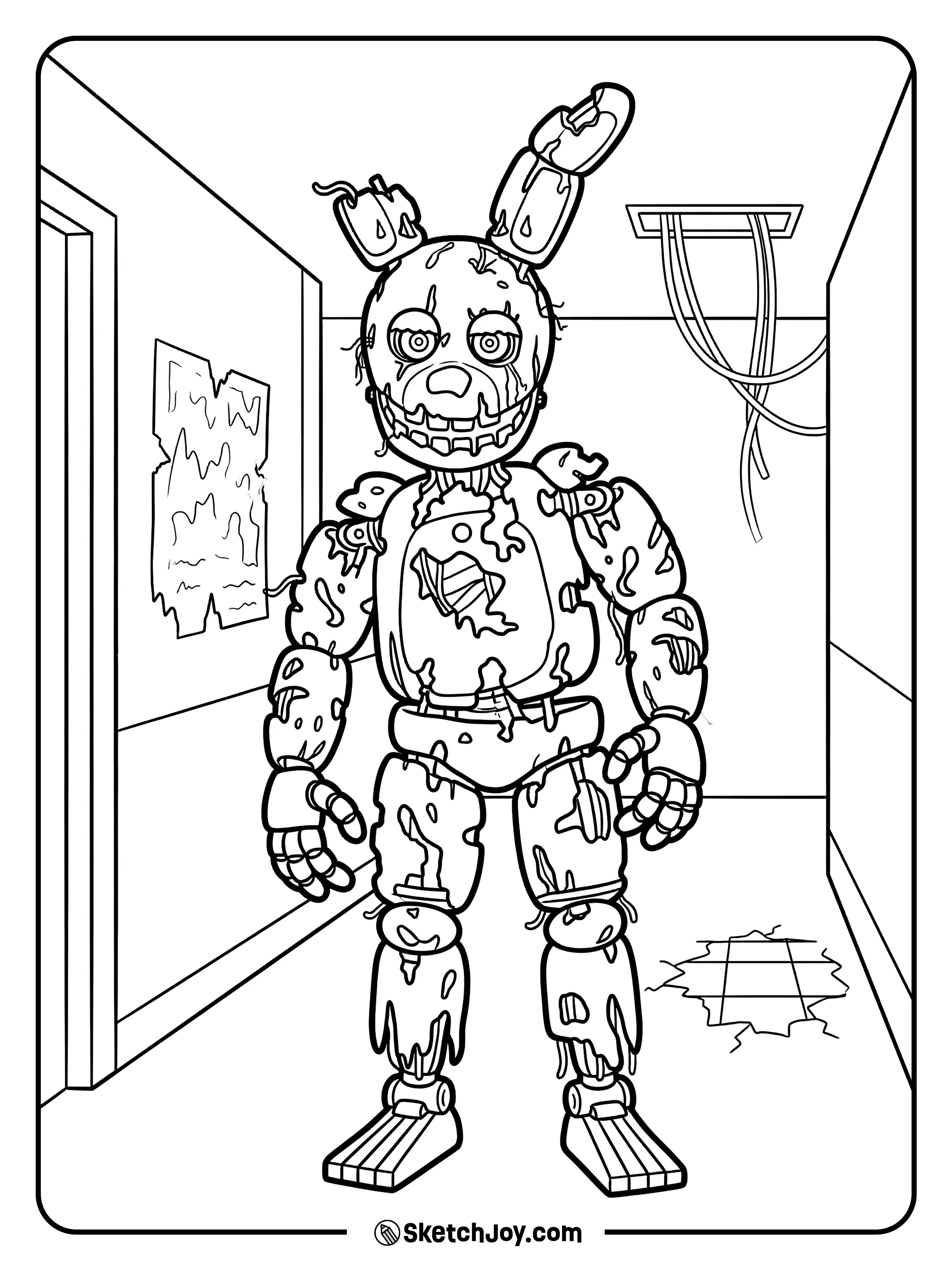 Springtrap stands in an old hallway with a torn poster behind him.