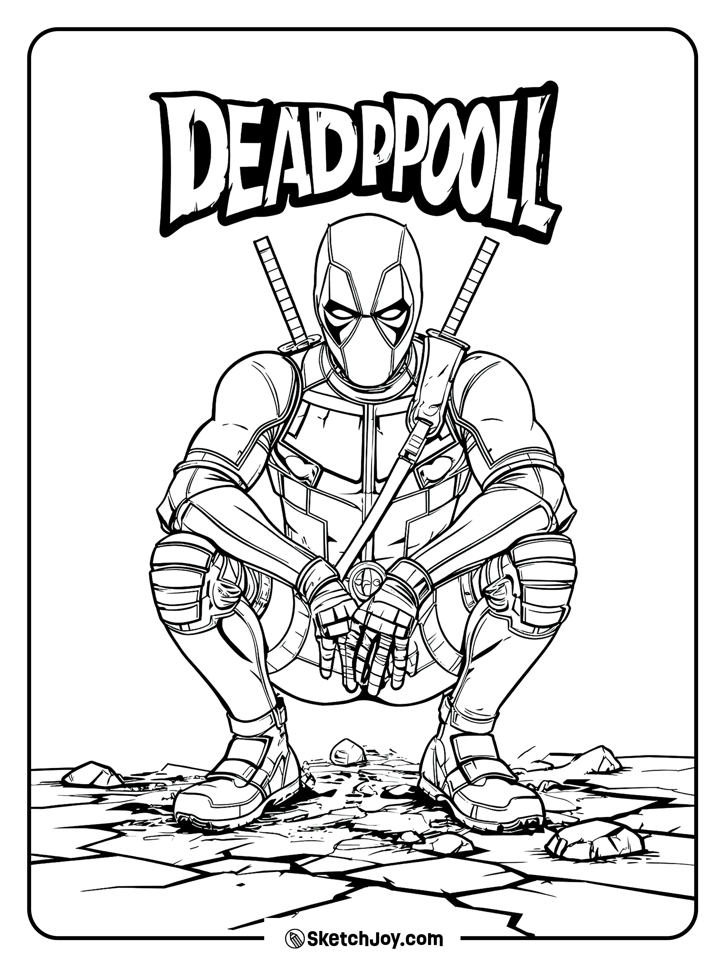 A strong crouch pose with bold comic text.