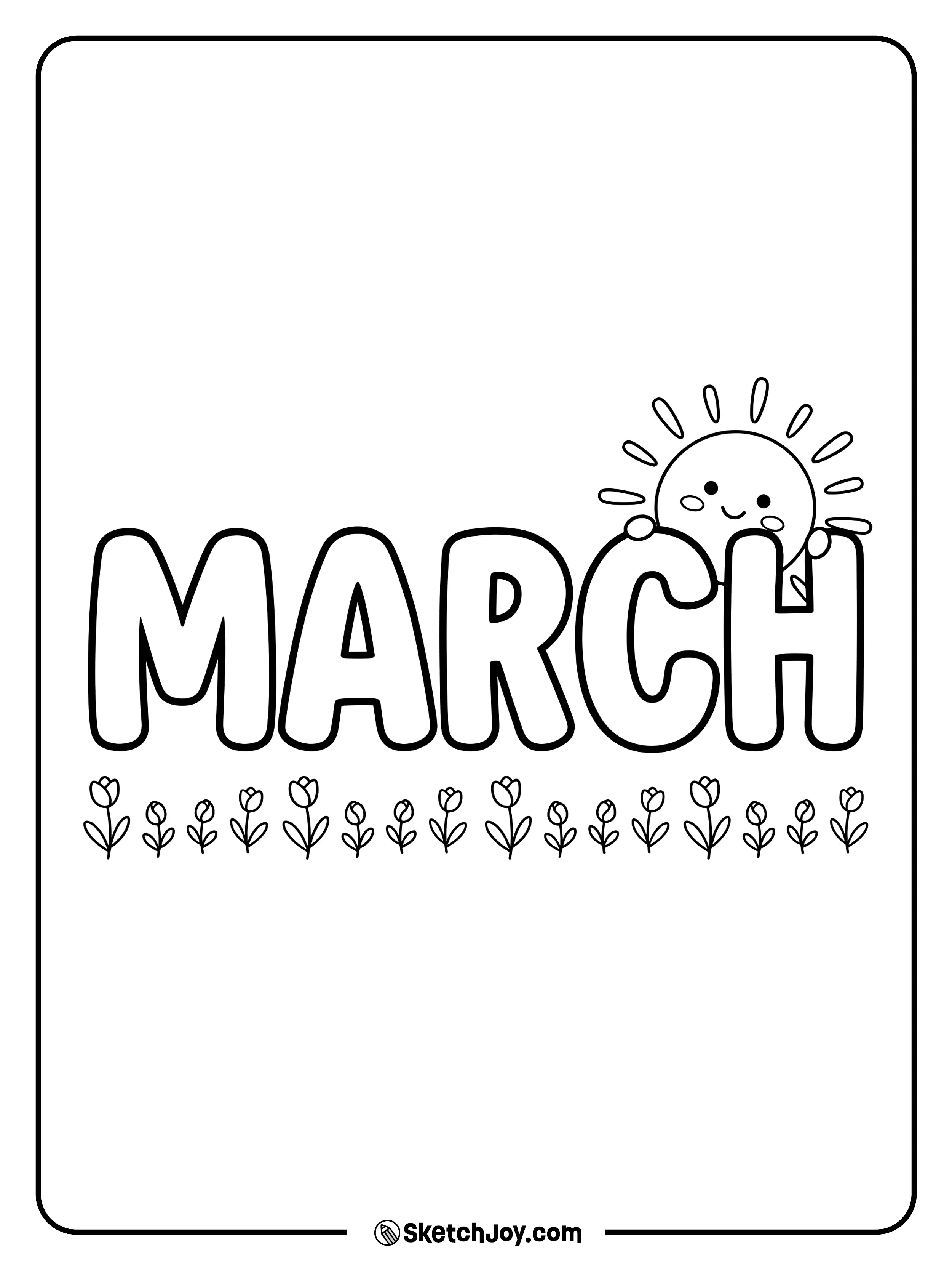 A shy sun peeks over MARCH letters with a few spring buds at the bottom.