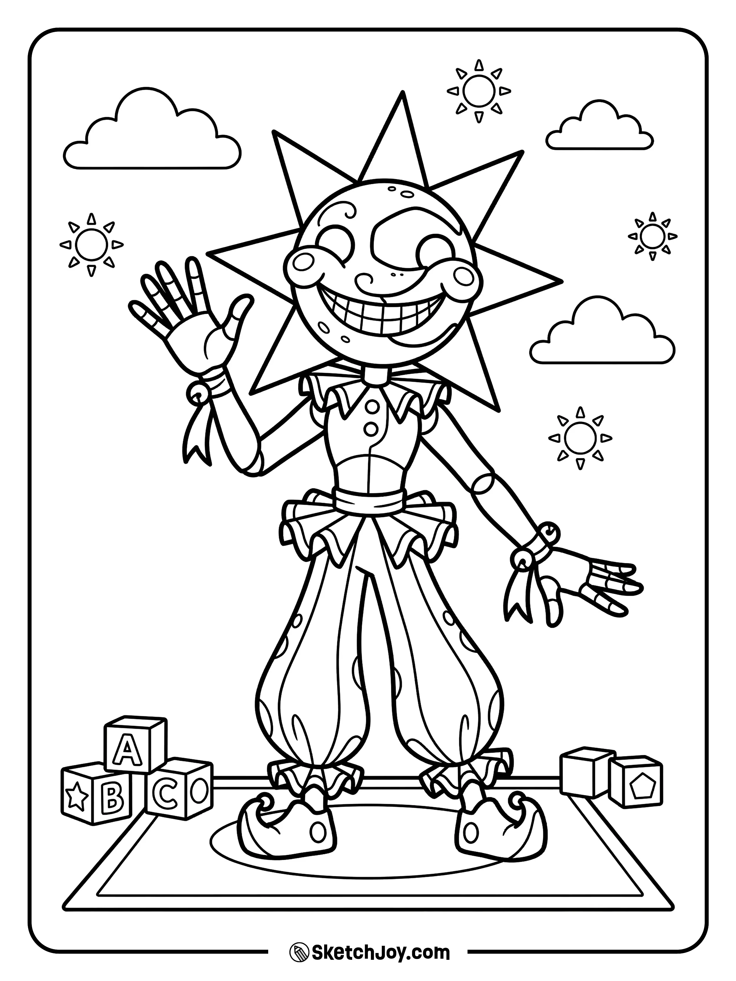 Sun smiles in the daycare with clouds and simple toys around him.