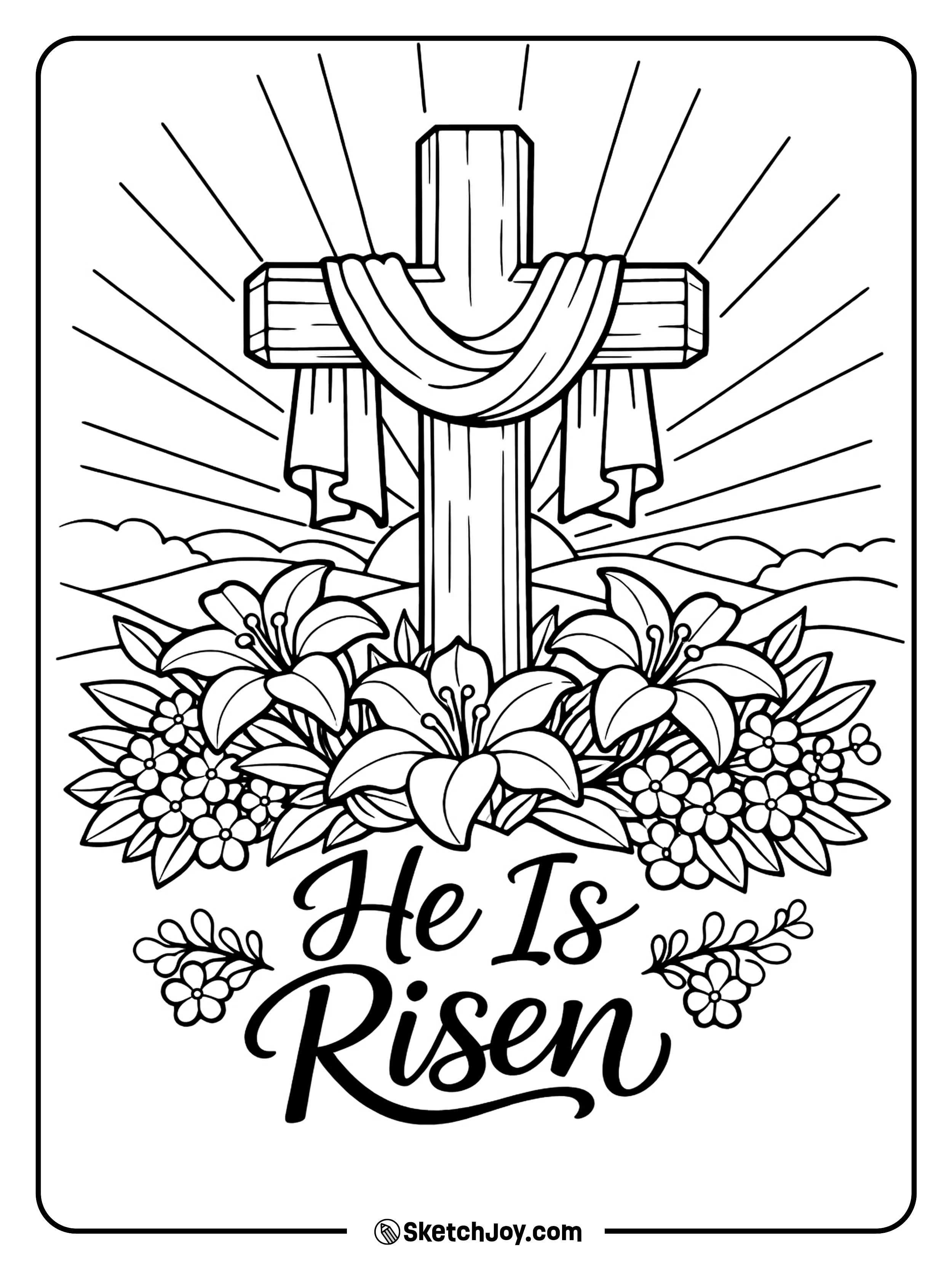 A cross rises over a hill with lilies and bright rays.