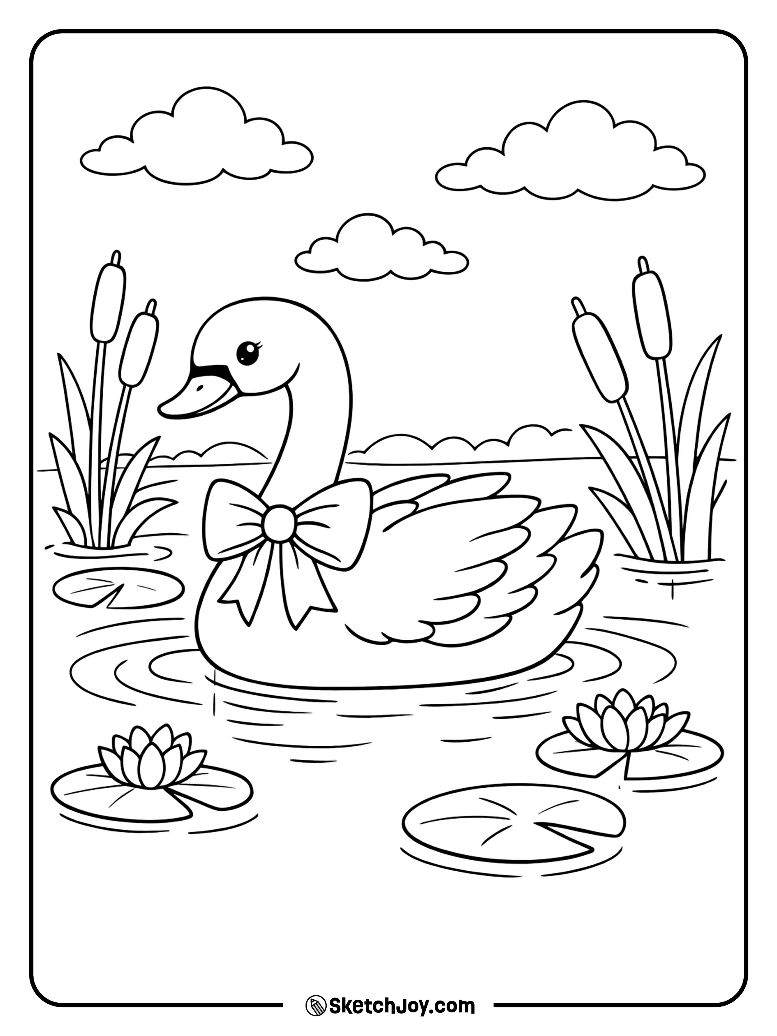 A graceful swan wearing a pretty ribbon bow by the lake.