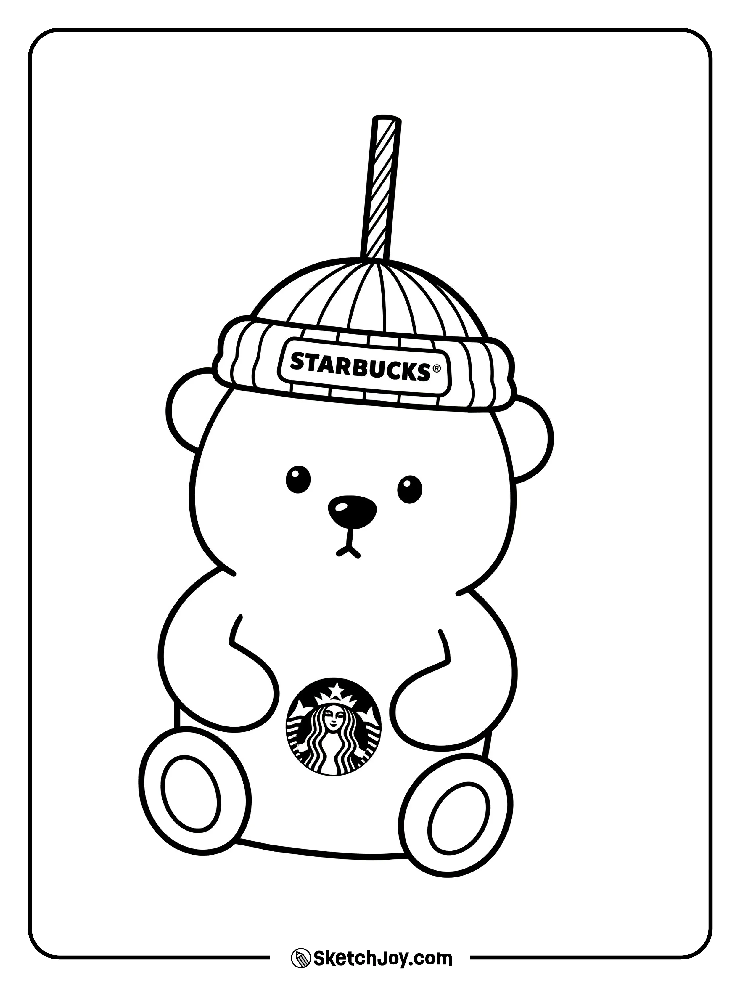 A small, round bear wears a warm Starbucks hat with a striped straw.