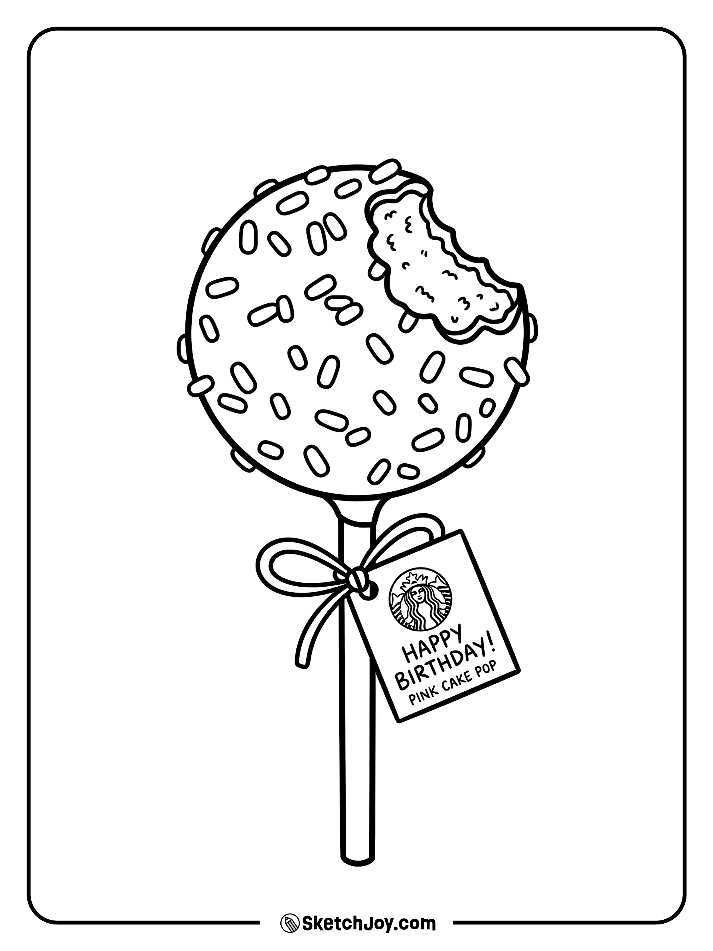 A round cake pop on a stick with a smiley face and sprinkles.