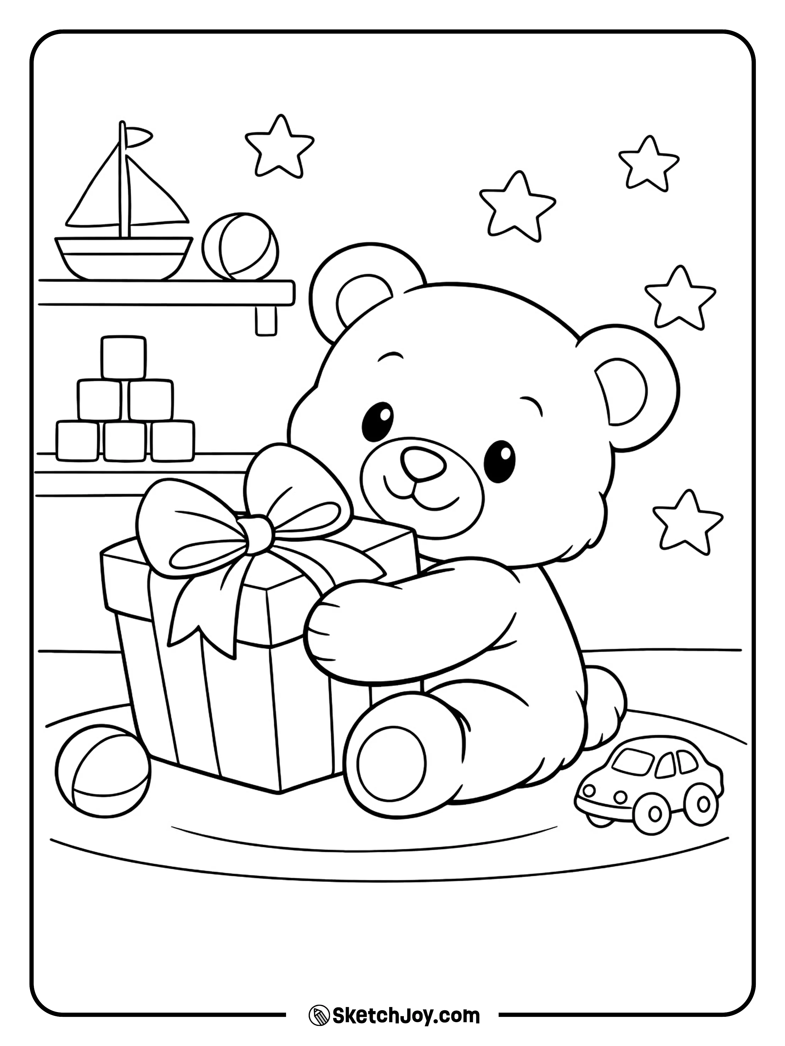 A teddy bear hugging a gift with a ribbon on top.