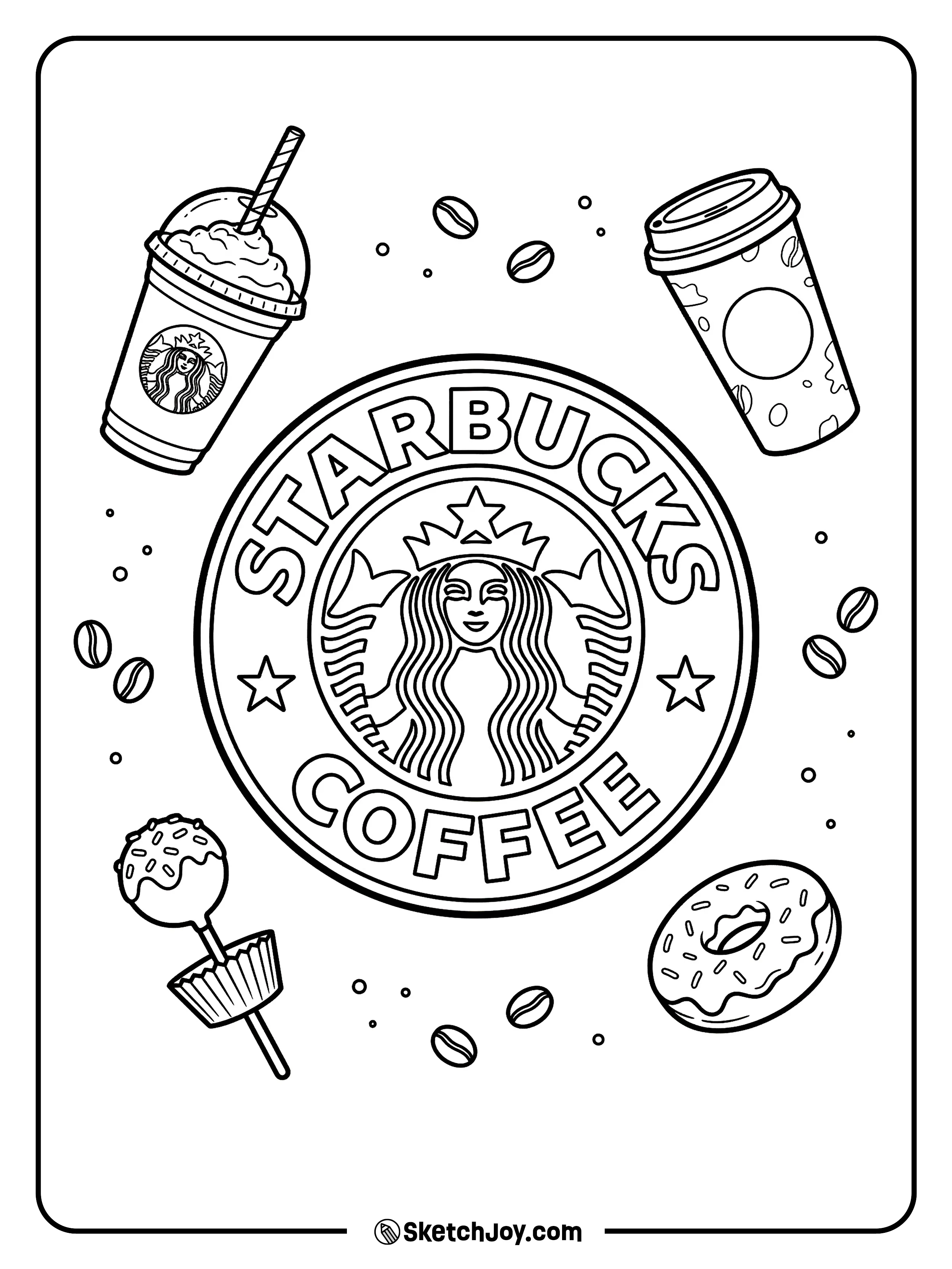 The famous circular siren logo is in the center with a few delicious cups and treats floating around it.