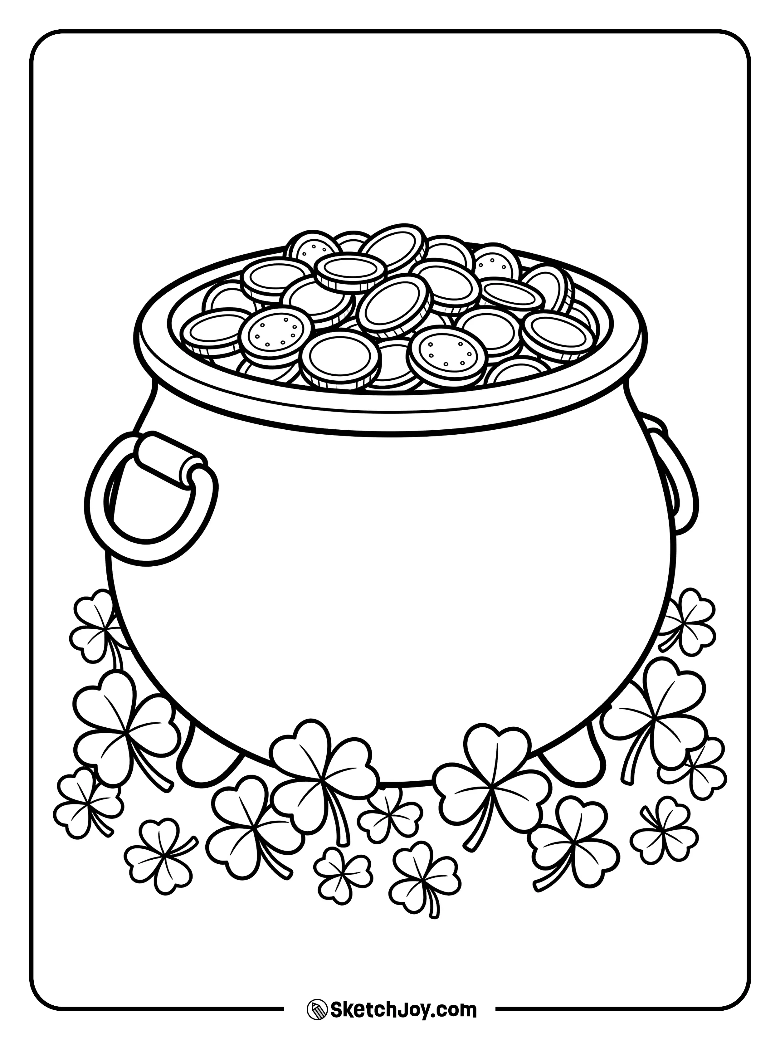 A pot of gold coins sitting in a patch of lucky shamrocks.