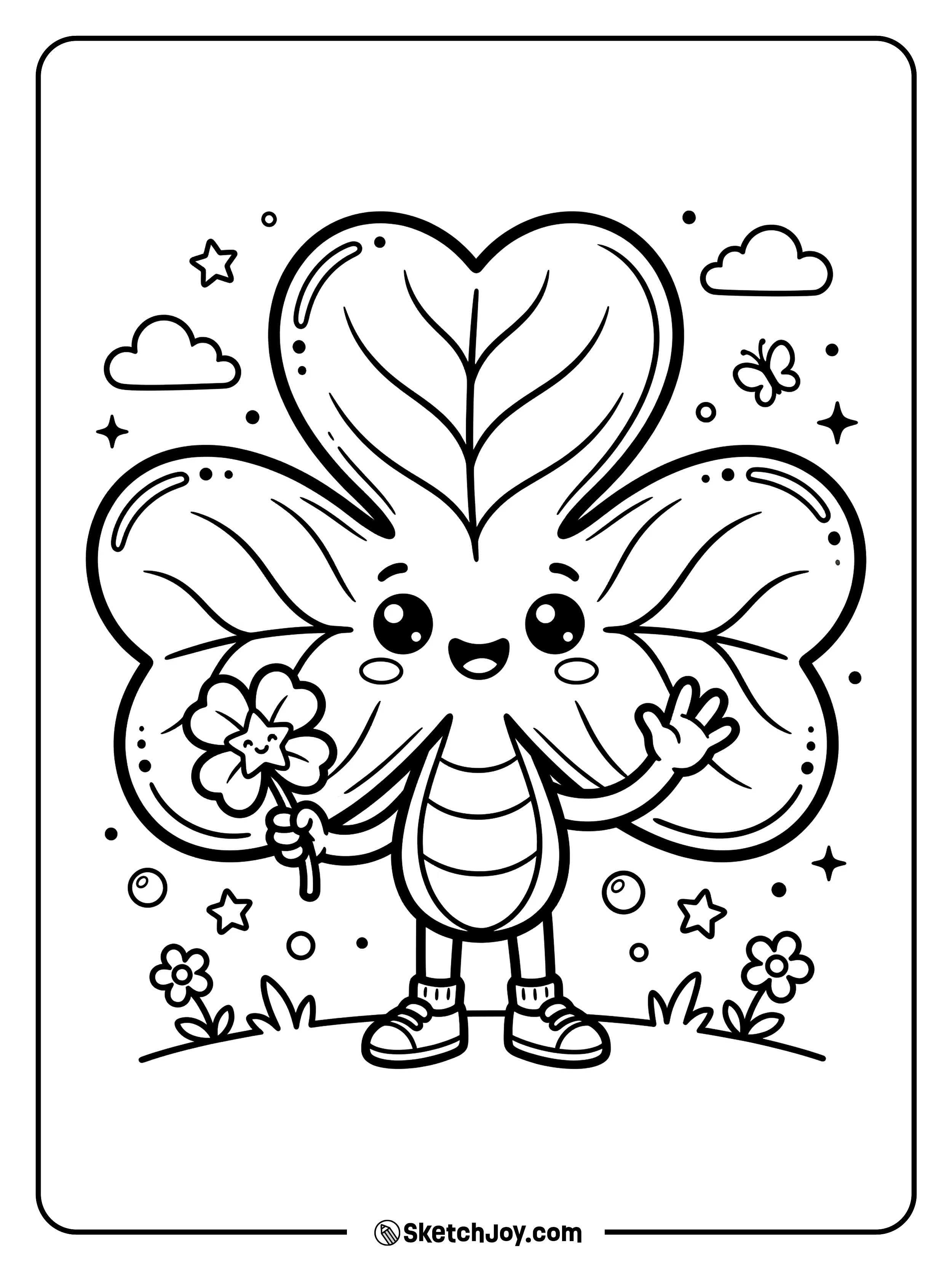 A cute shamrock character with a big smile and large friendly eyes.