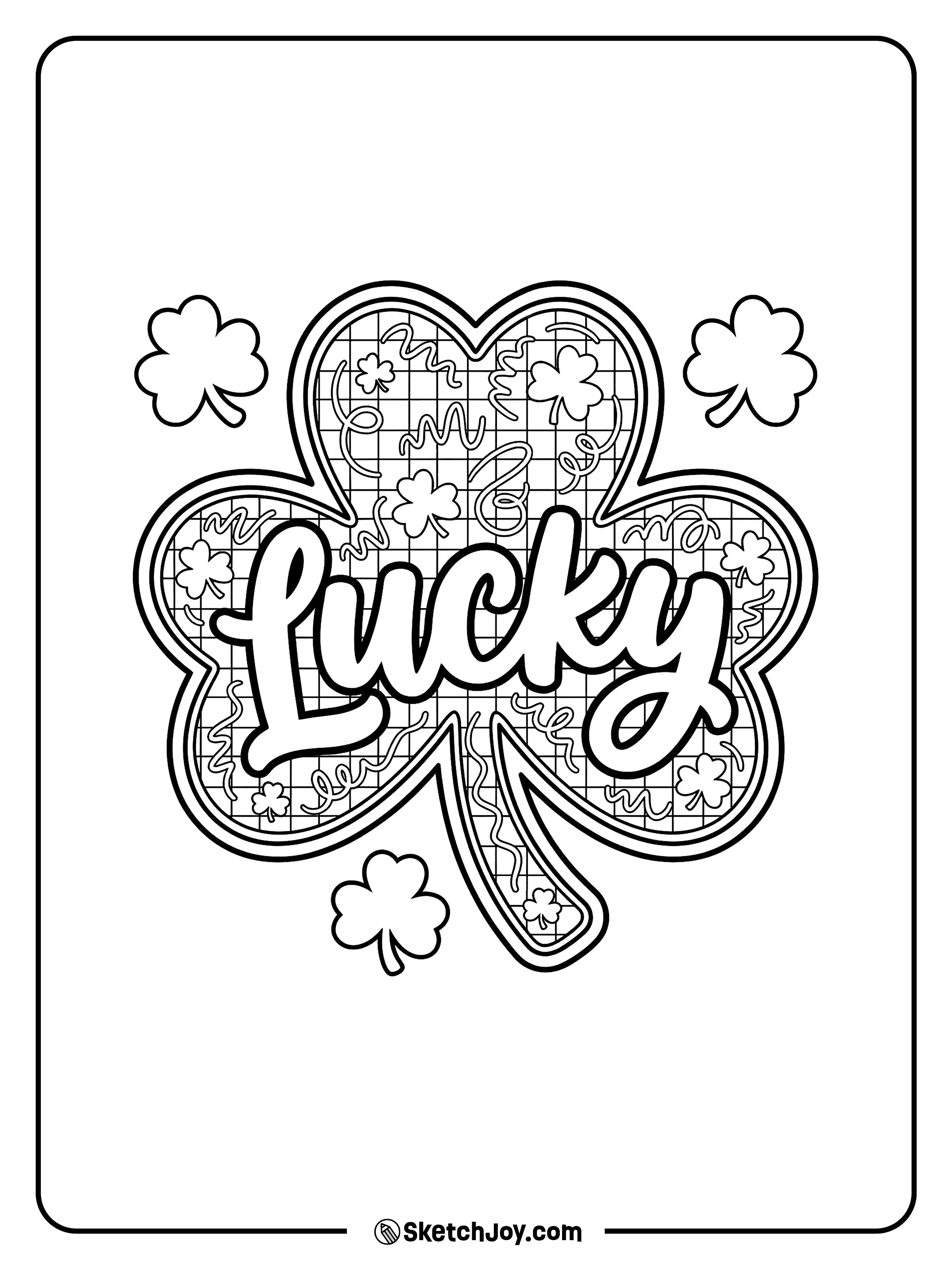 A big shamrock features the word lucky written across the middle.