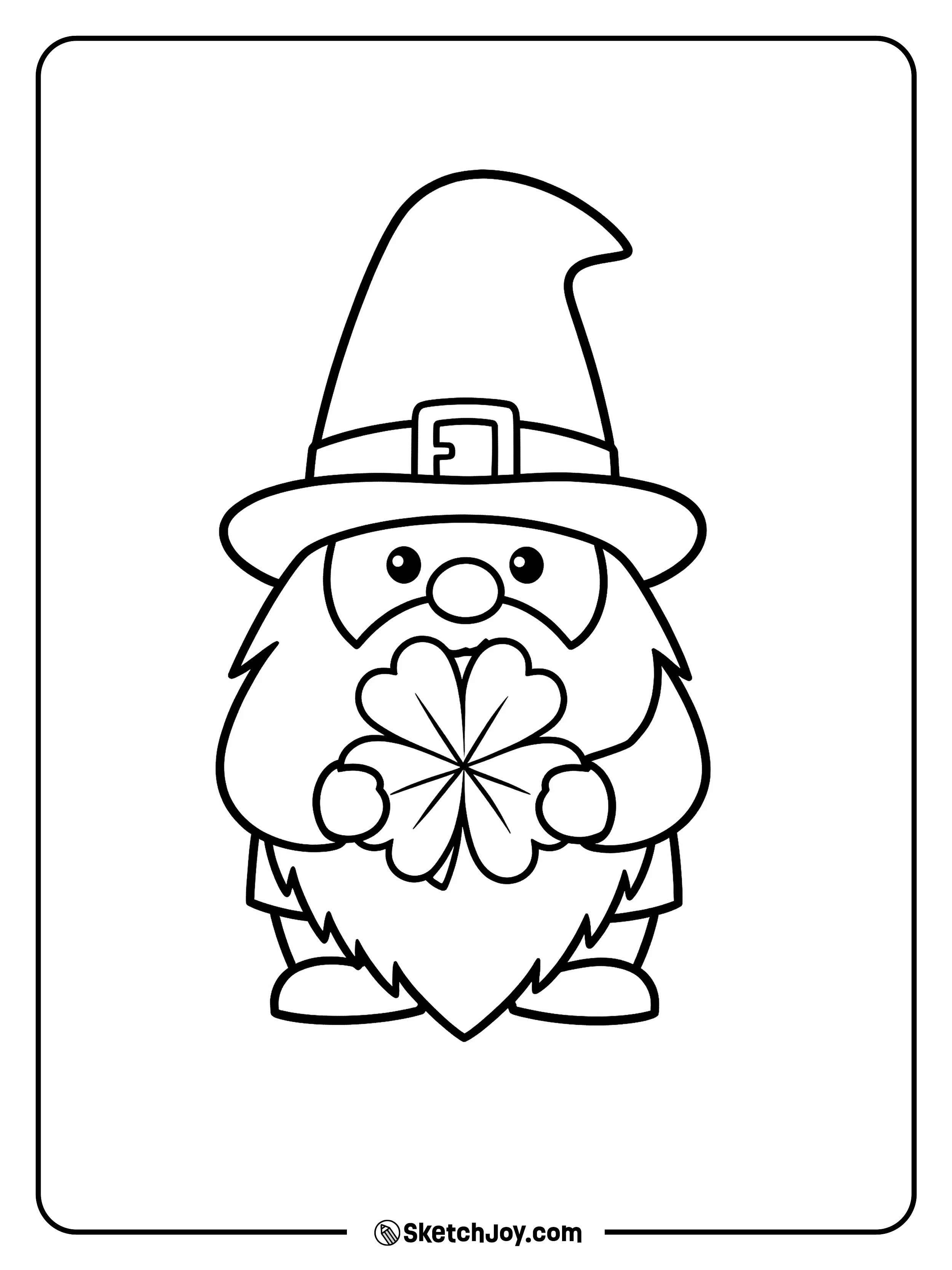 A friendly gnome wearing a tall pointed hat holds a beautiful four-leaf clover gently in his hands.