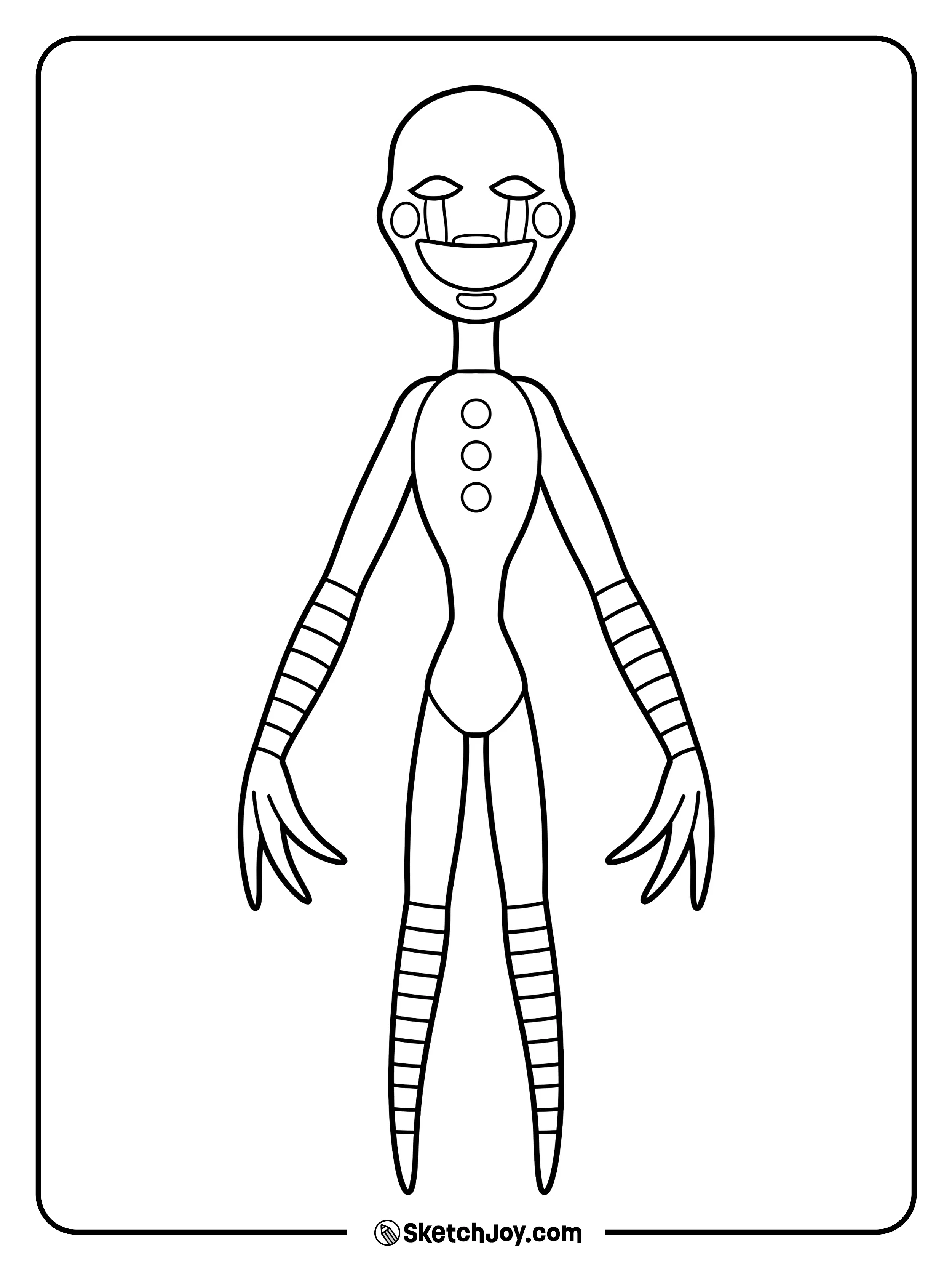 The Puppet stands with long arms and striped details.