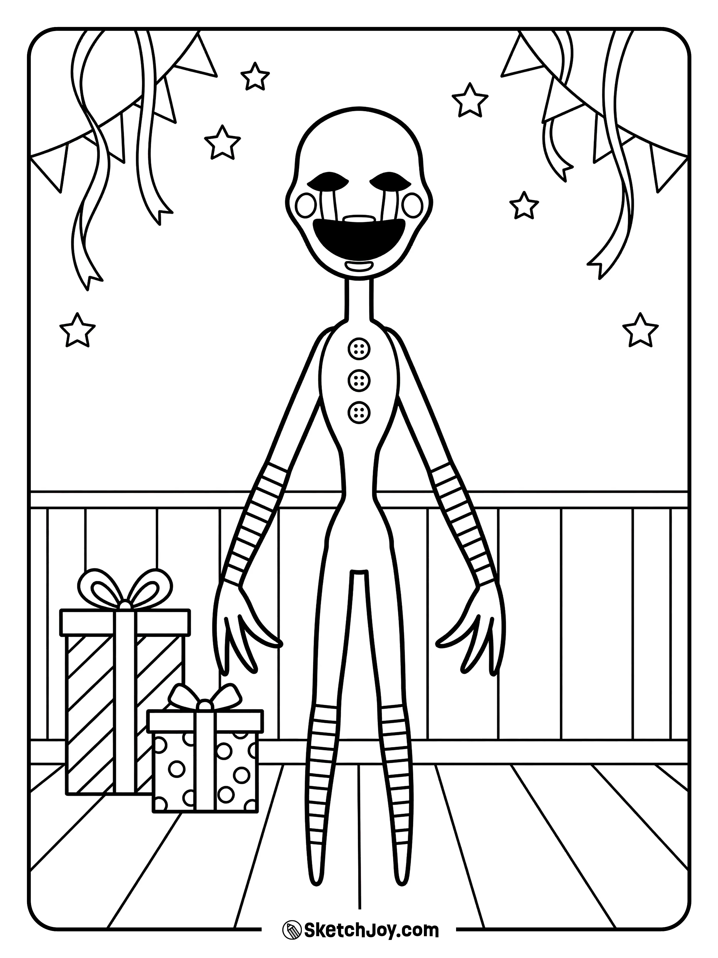 The Puppet stands with gift boxes and party stars around it.