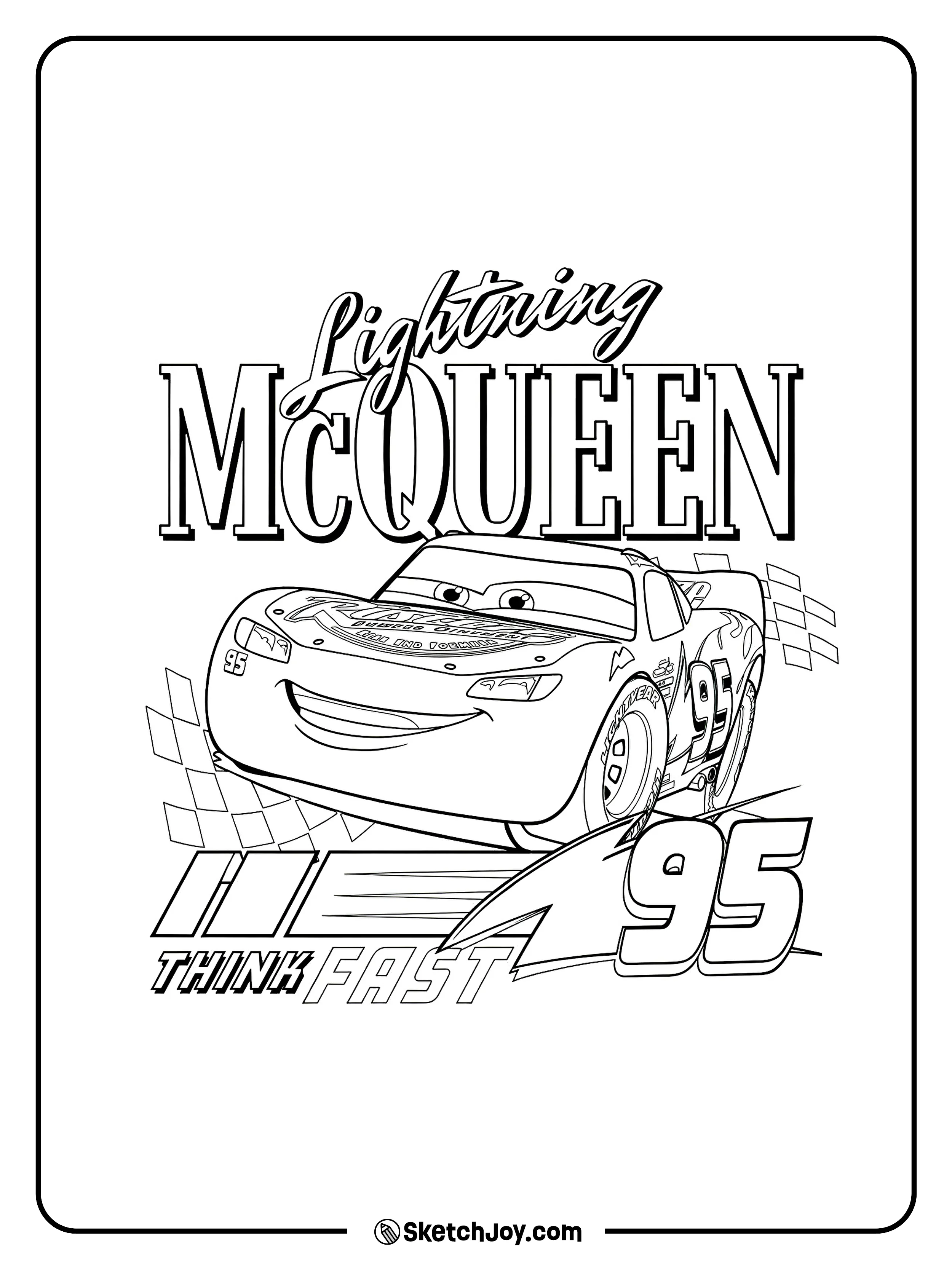 Lightning McQueen smiles in a sporty poster scene with his 95 number and racing shapes.