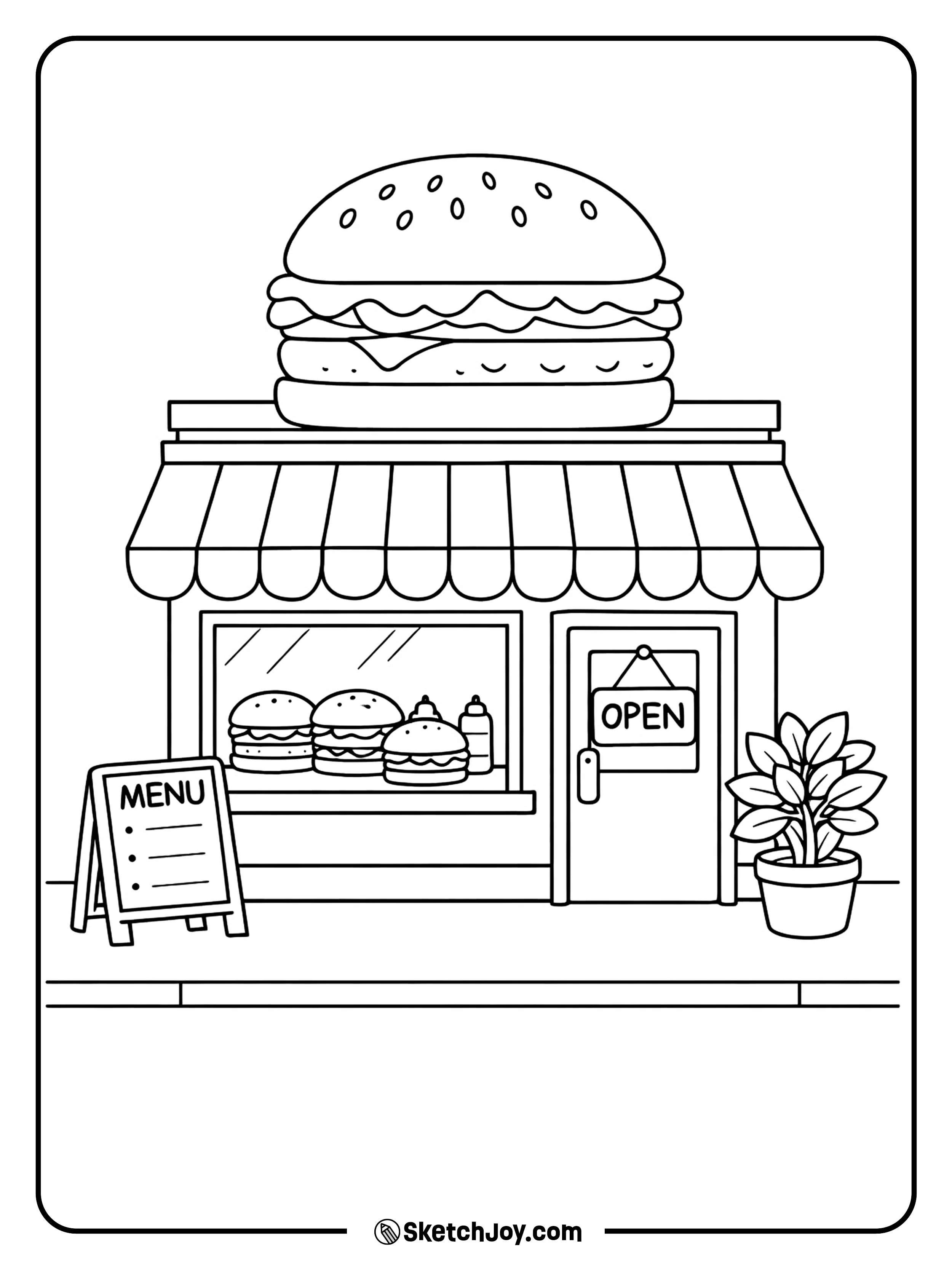 A cute burger shop with a big burger sign and simple street details.