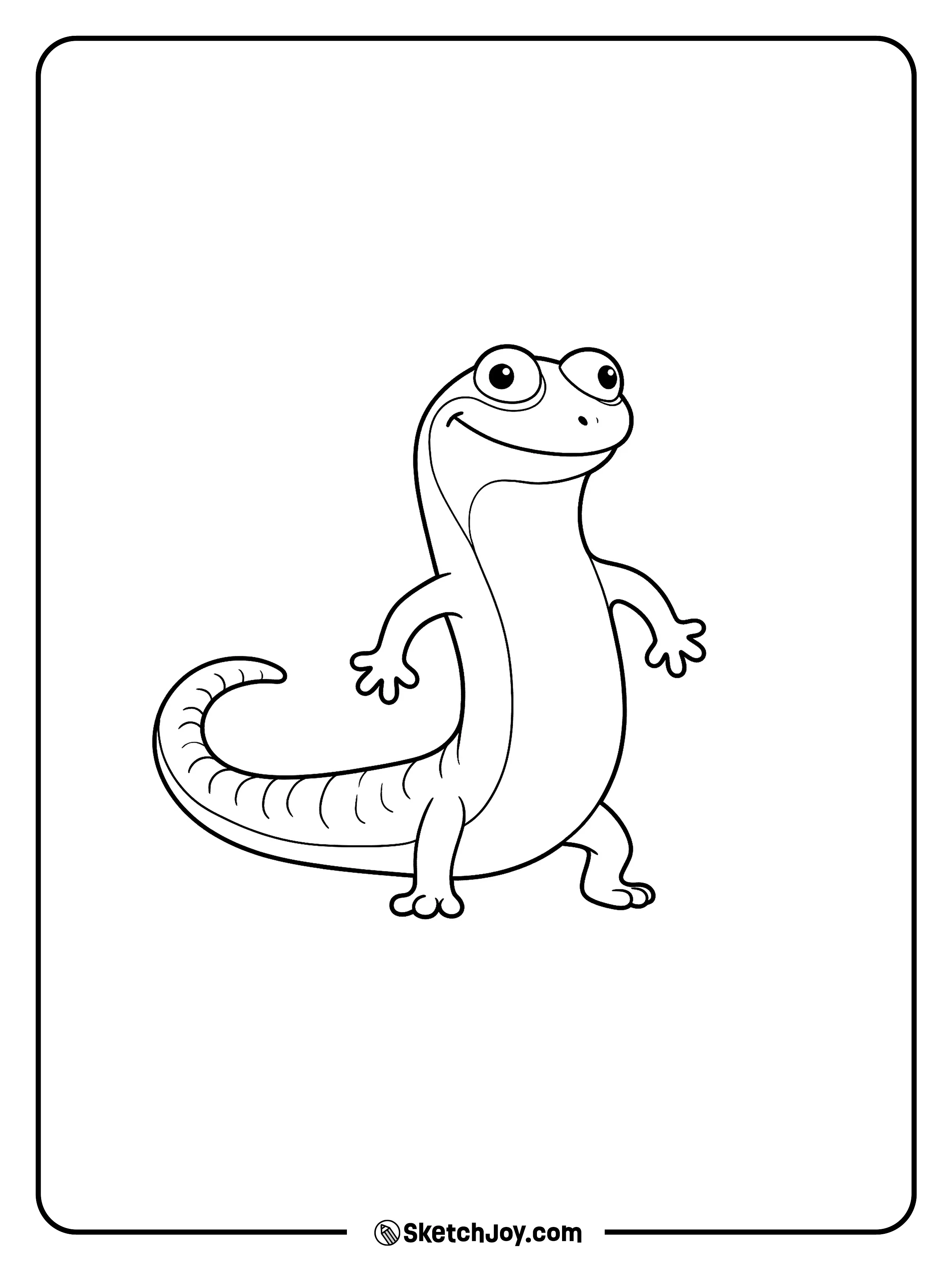 Tom Lizard stands with a happy smile.