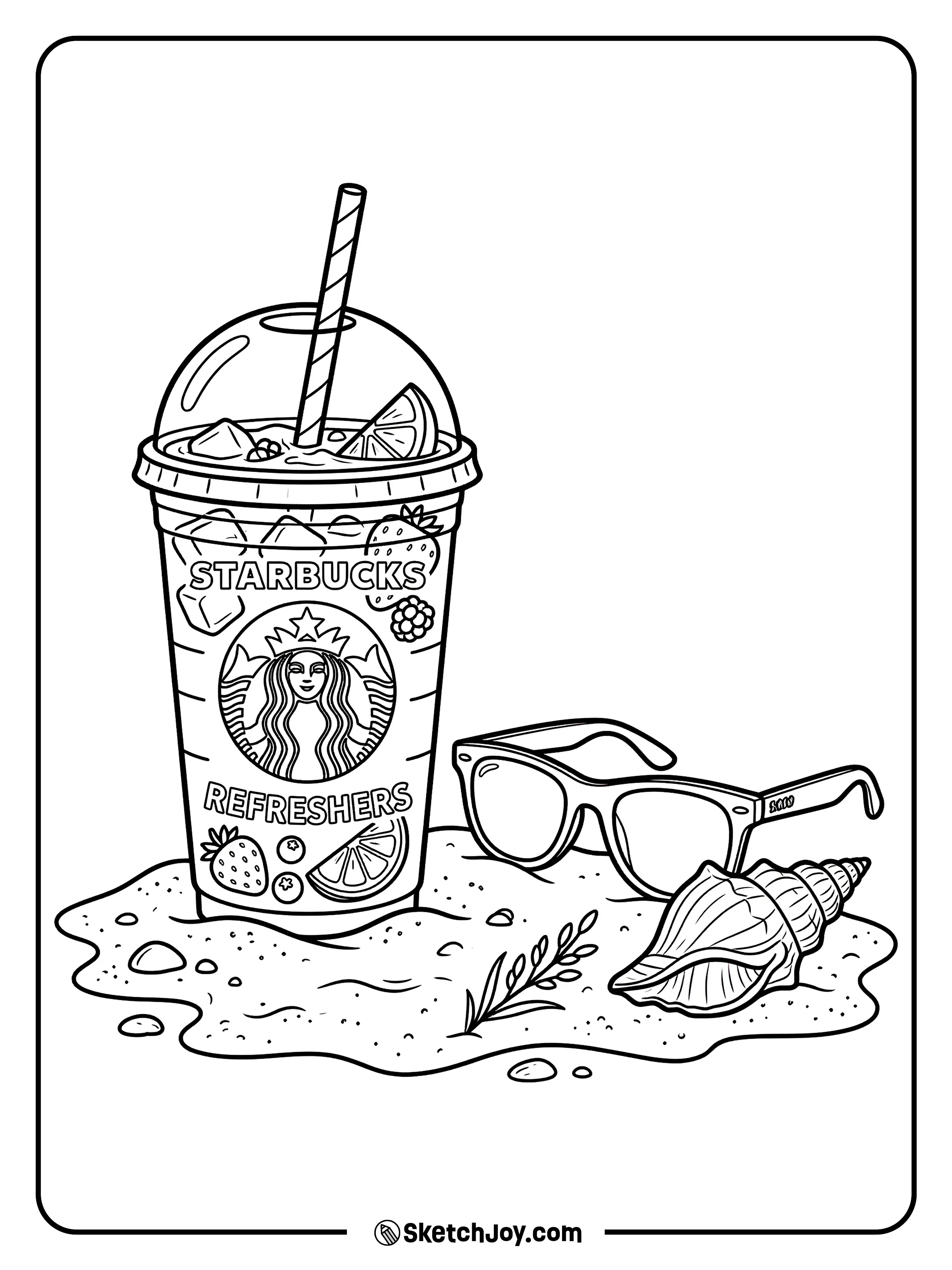 A cold drink sitting in the sand with a pair of sunglasses.