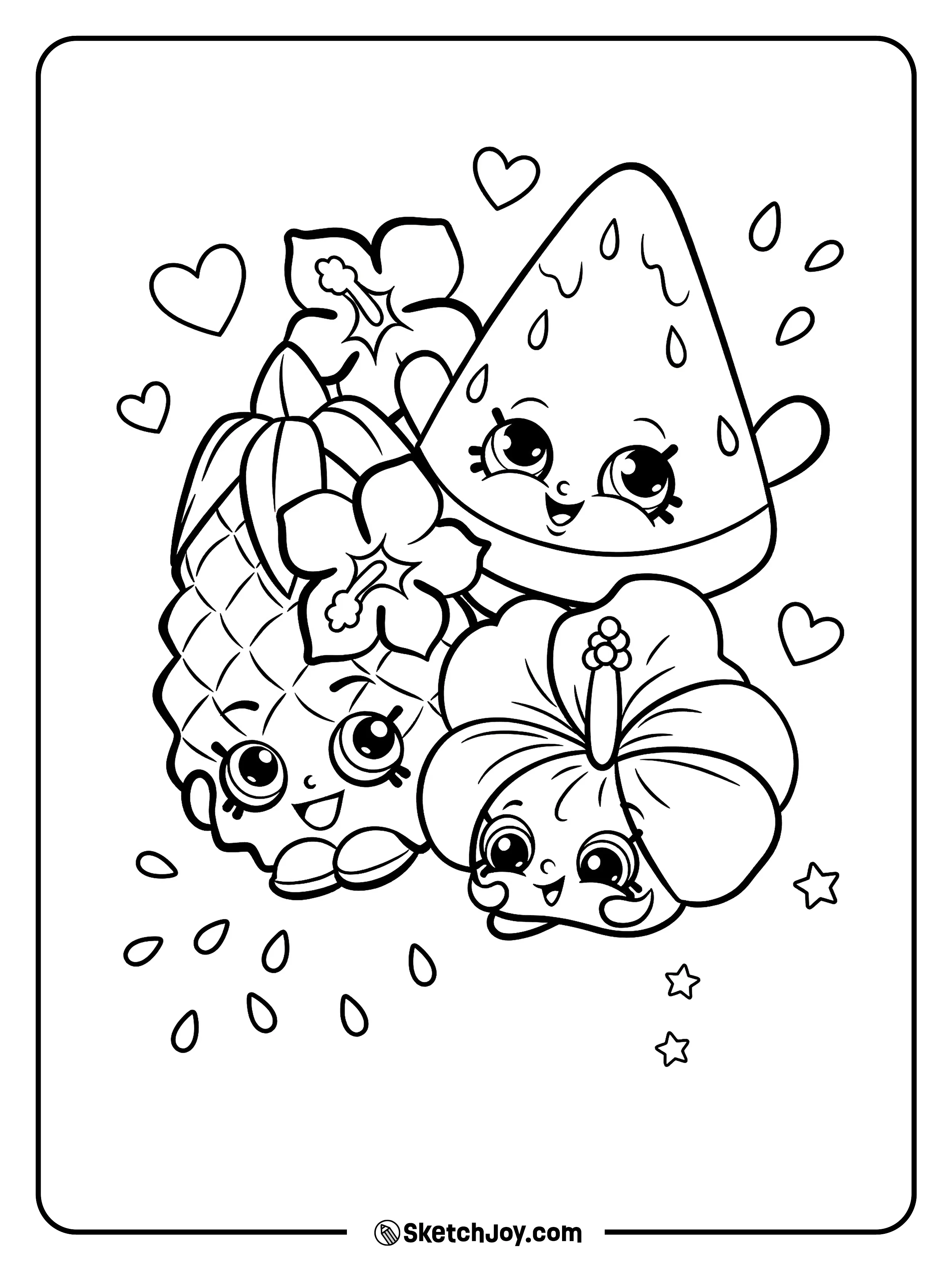 Cute Shopkins friends pose with flowers and fruit in a fun tropical group scene.