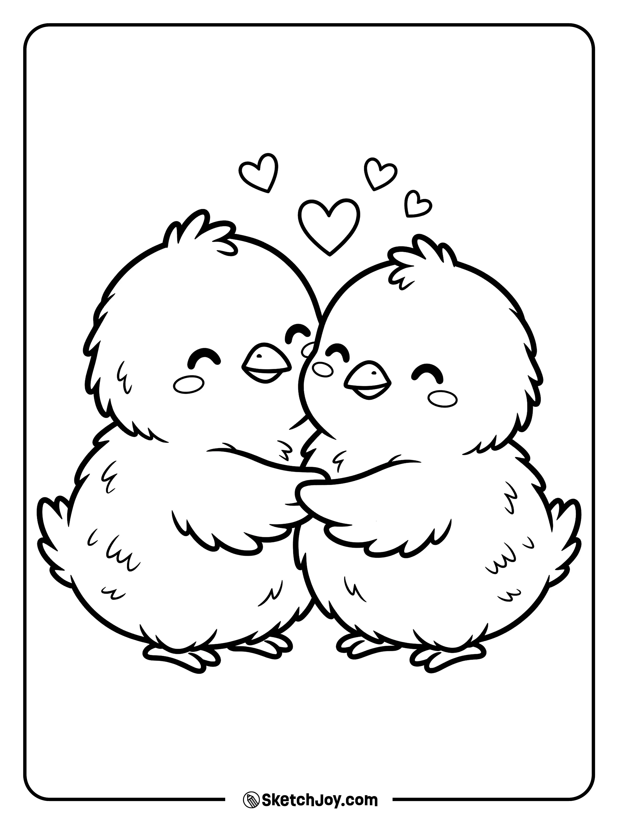 Two little chicks stand close together in a warm and happy pose.