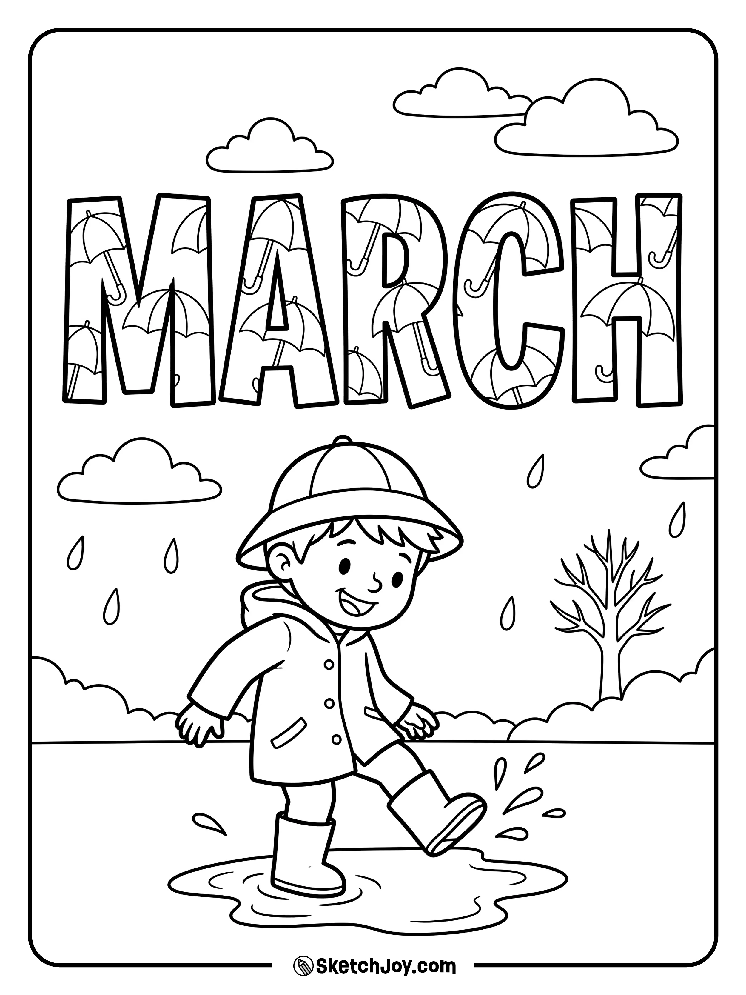 MARCH letters have umbrella patterns inside, with a kid in boots stepping in a puddle.