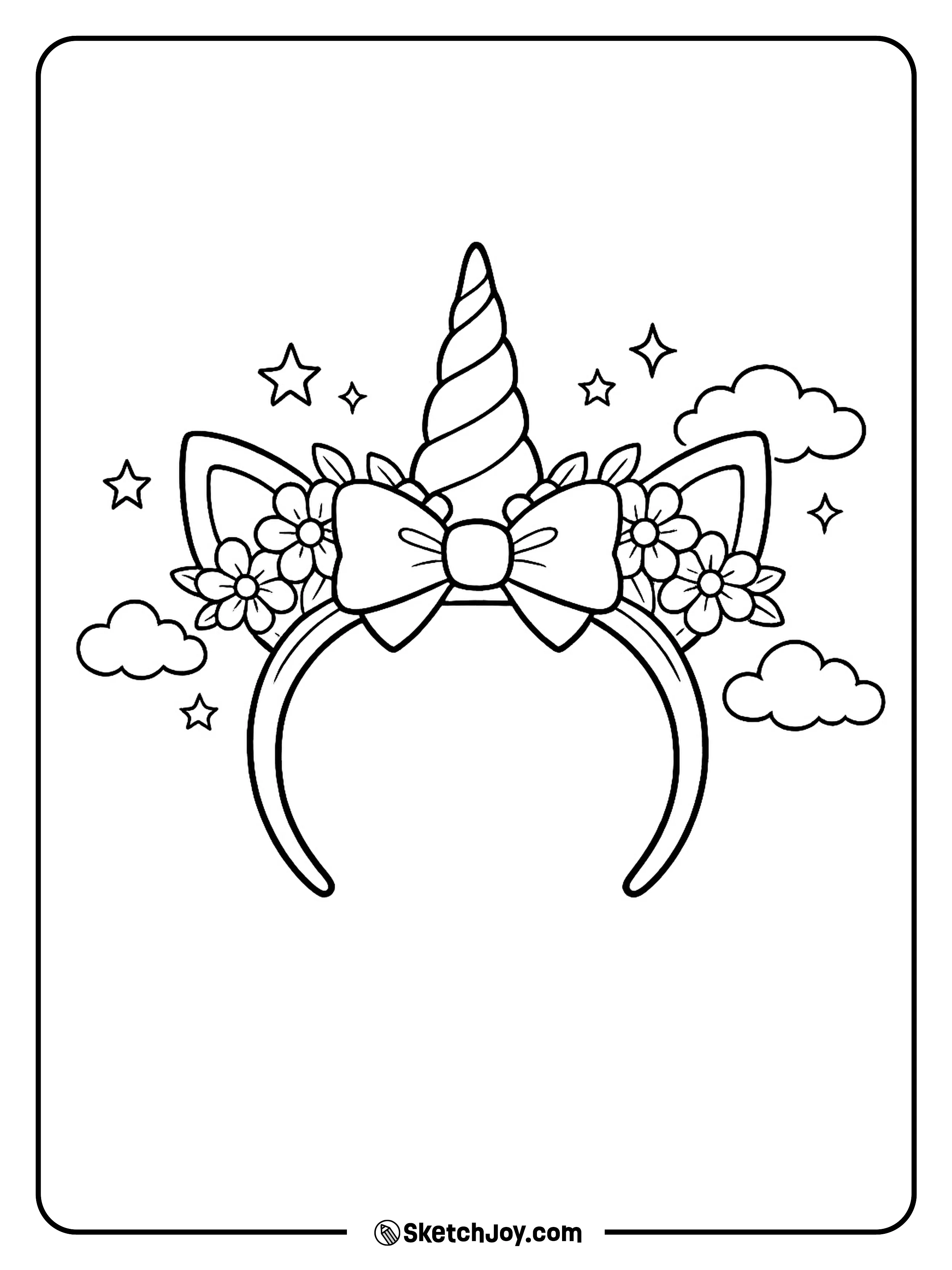 A magical unicorn headband with a big bow and fun details.